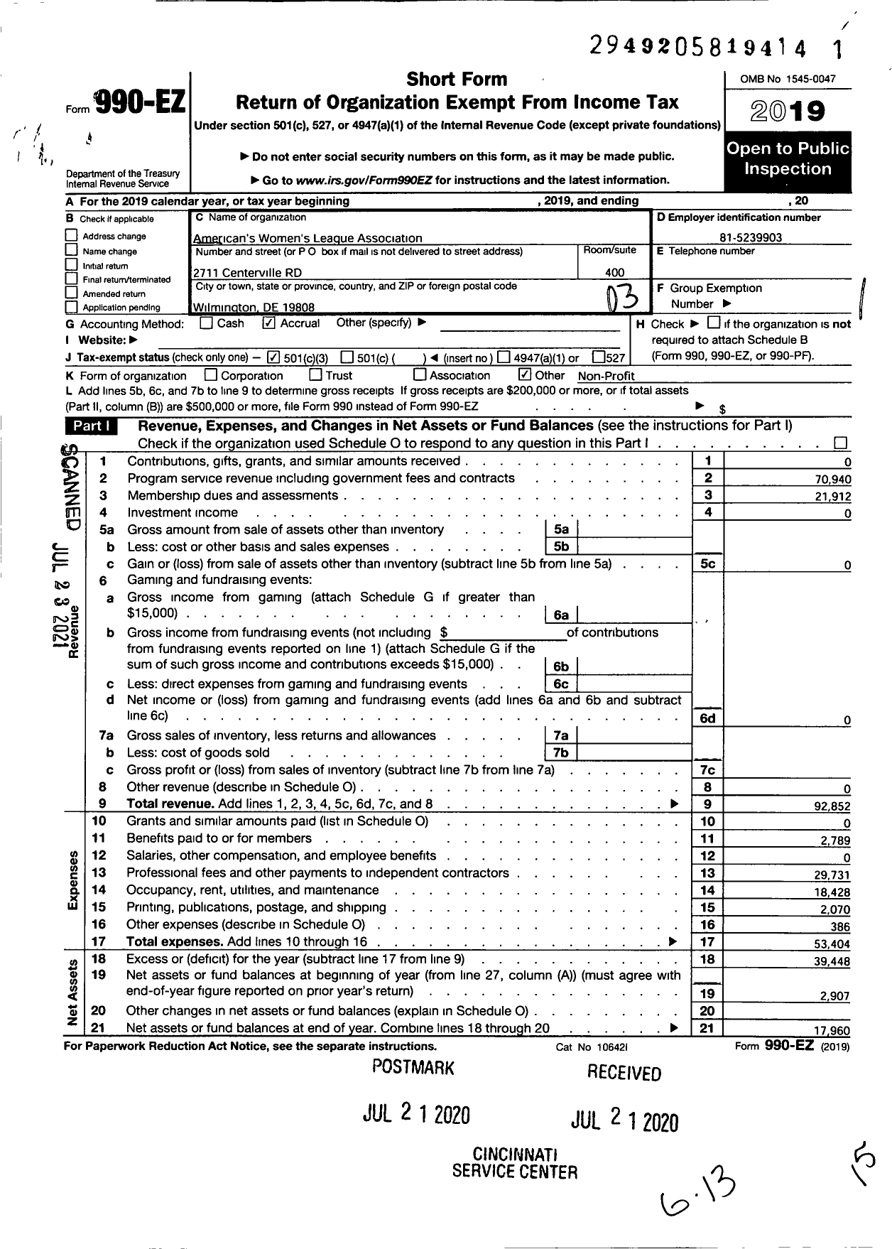 Image of first page of 2019 Form 990EZ for American Womens League Association