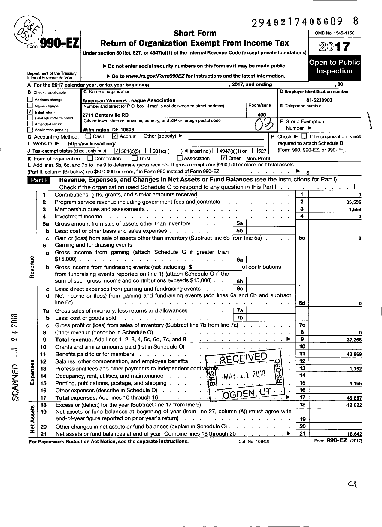 Image of first page of 2017 Form 990EZ for American Womens League Association