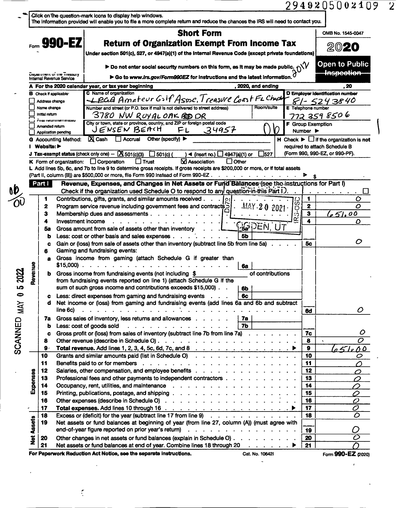 Image of first page of 2020 Form 990EO for Executive Womens Golf Association / Lpga Amateur Golf Association Treas