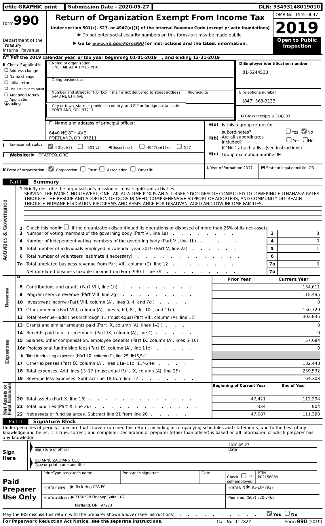 Image of first page of 2019 Form 990 for One Tail at A Time - PDX