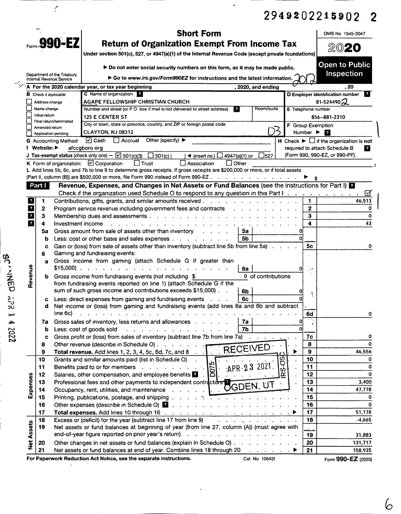 Image of first page of 2020 Form 990EZ for Agape Fellowship Christian Church