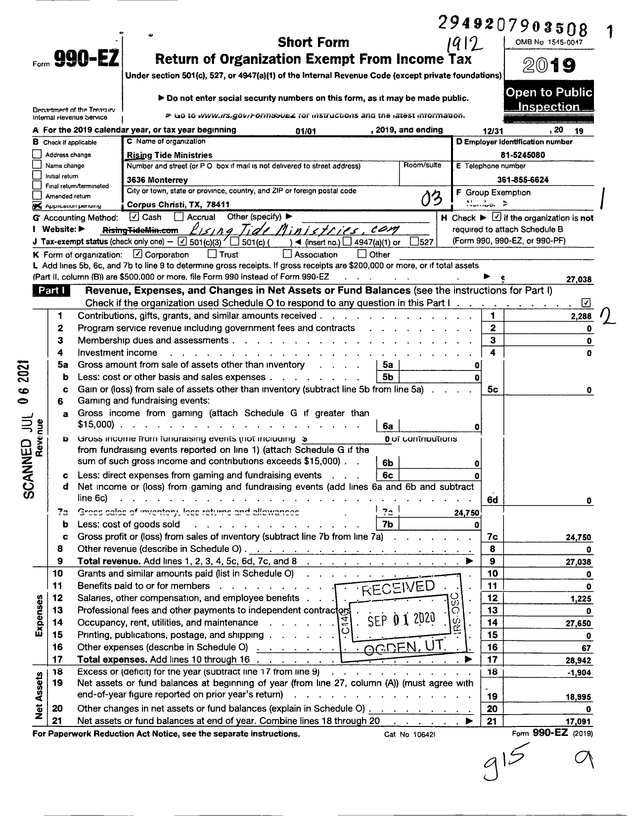 Image of first page of 2019 Form 990EZ for Rising Tide Ministries