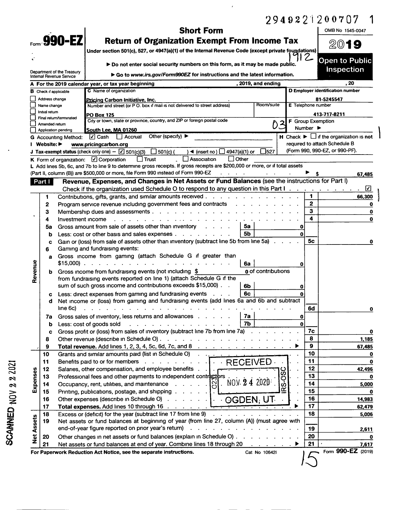 Image of first page of 2019 Form 990EZ for Pricing Carbon Initiative