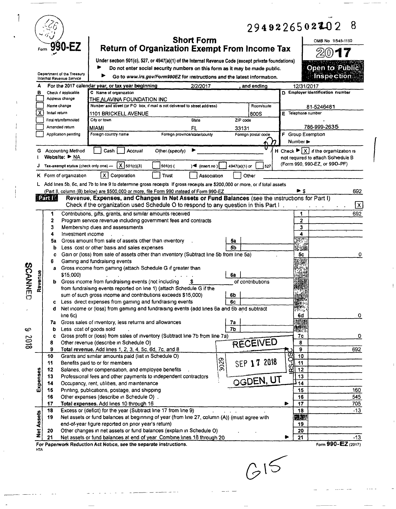 Image of first page of 2017 Form 990EZ for The Alavina Foundation