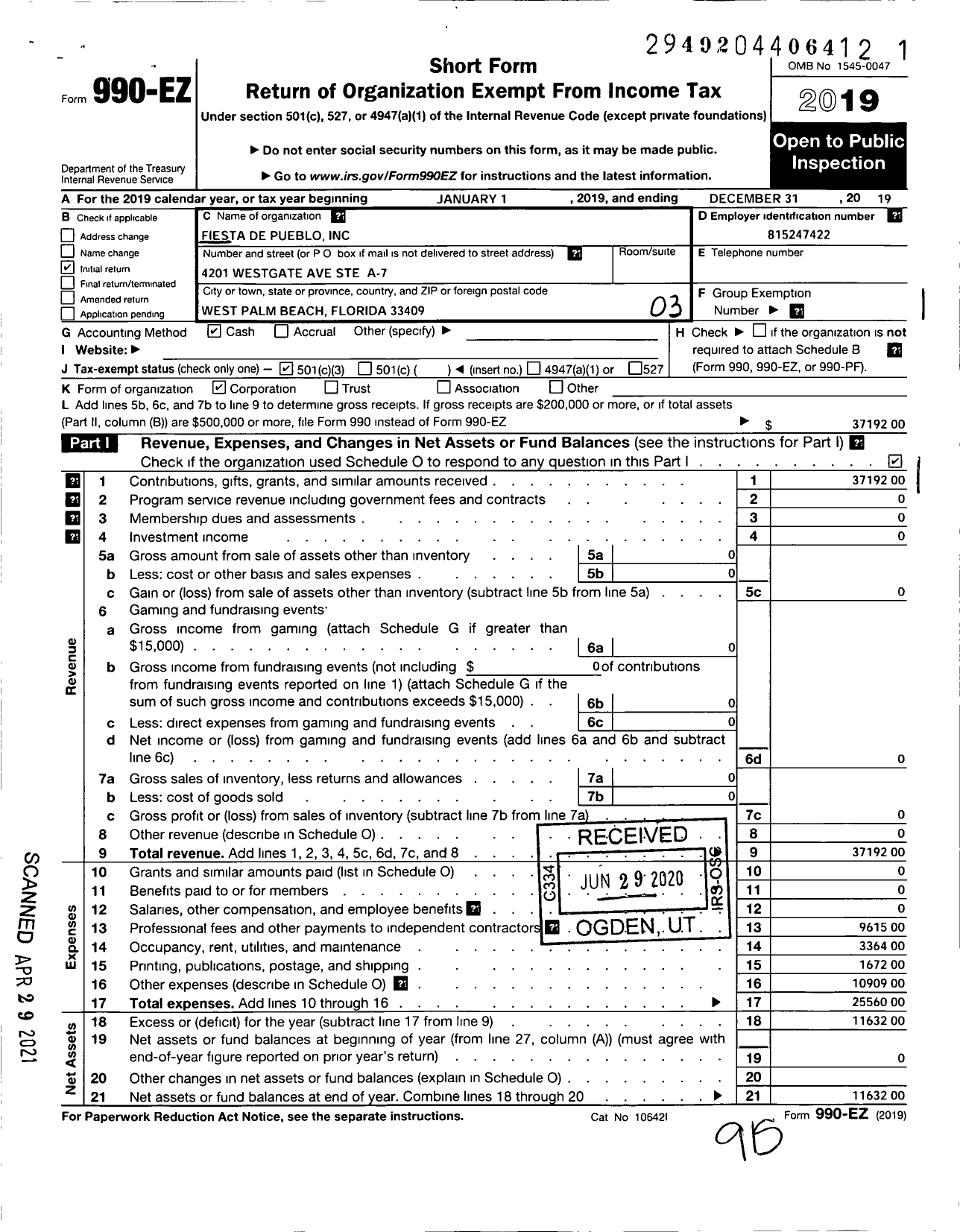 Image of first page of 2019 Form 990EZ for Fiesta de Pueblo