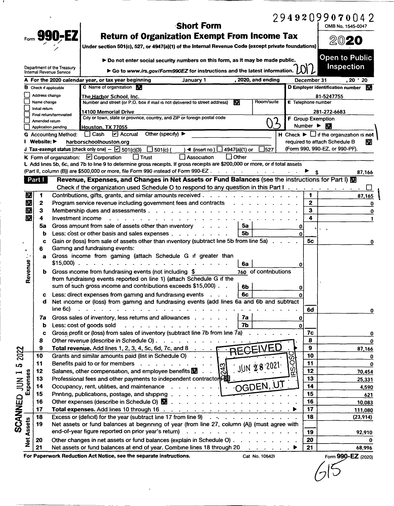 Image of first page of 2020 Form 990EZ for Harbor School