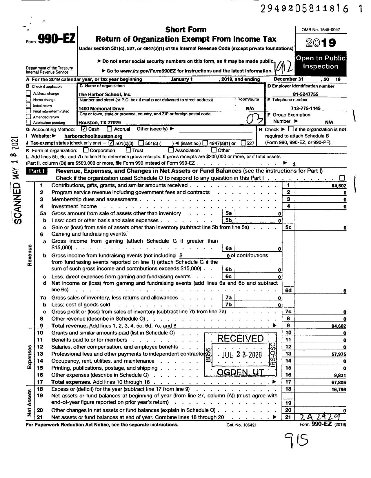 Image of first page of 2019 Form 990EZ for Harbor School