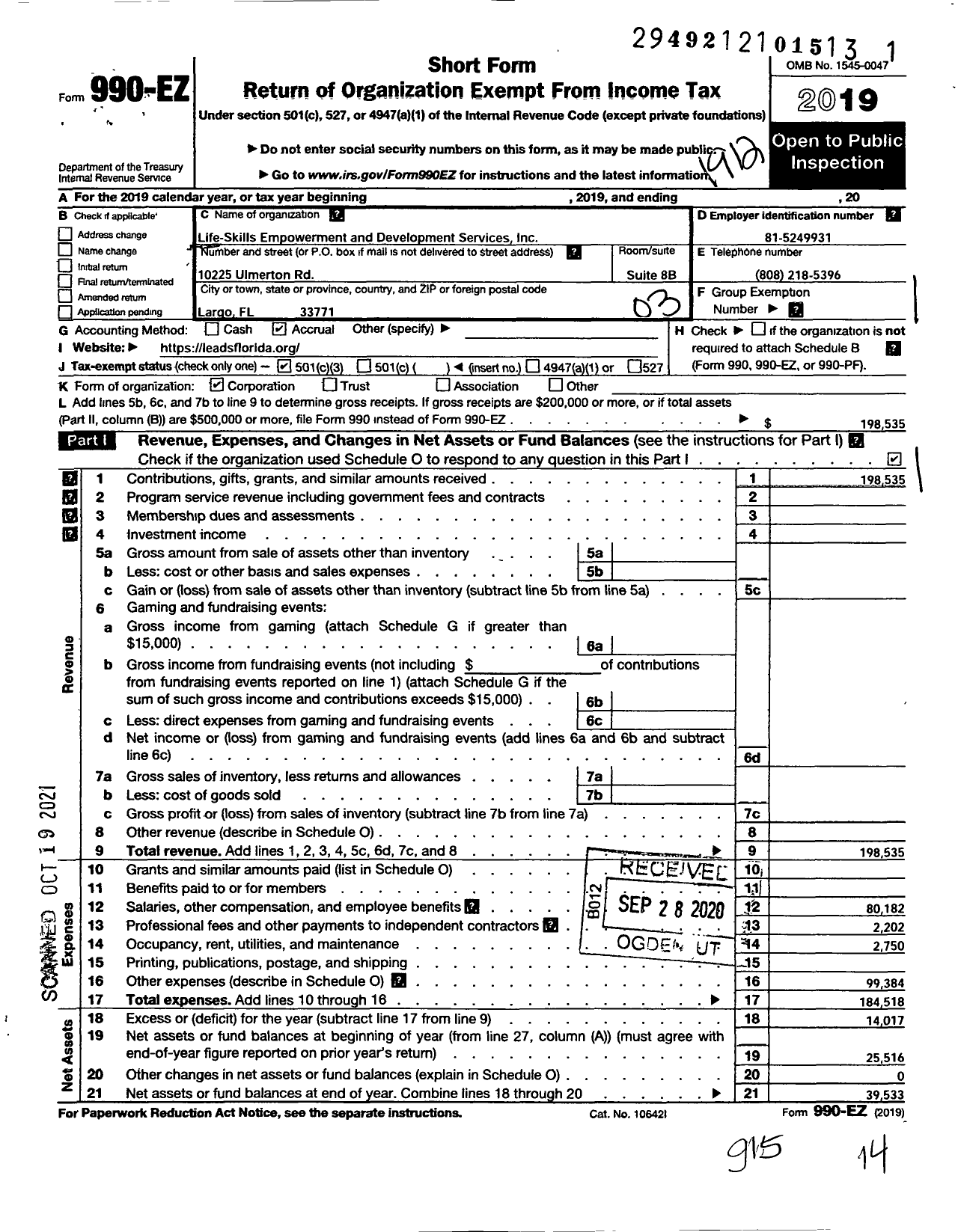 Image of first page of 2019 Form 990EZ for Life-Skills Empowerment and Development Services