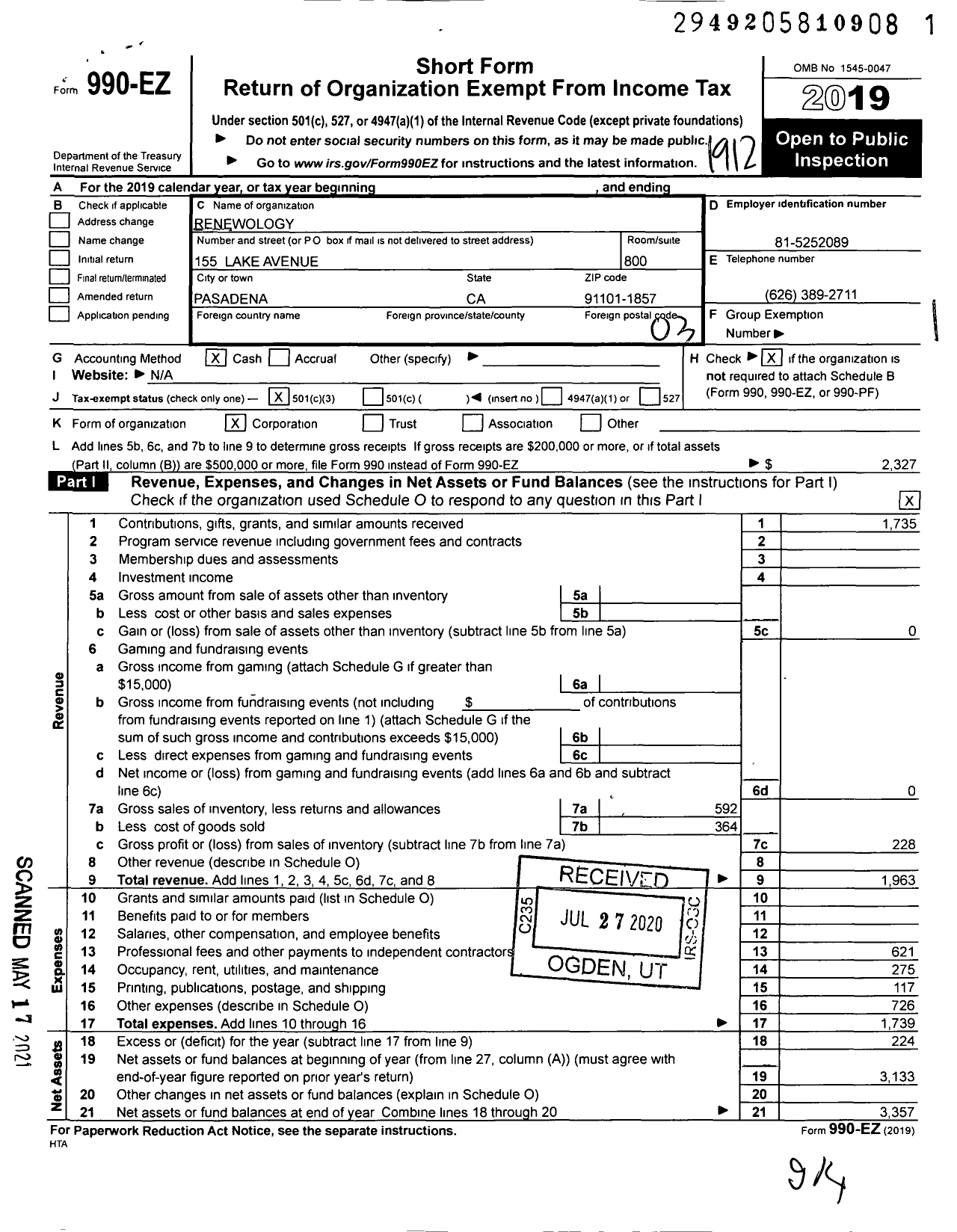 Image of first page of 2019 Form 990EZ for Renewology