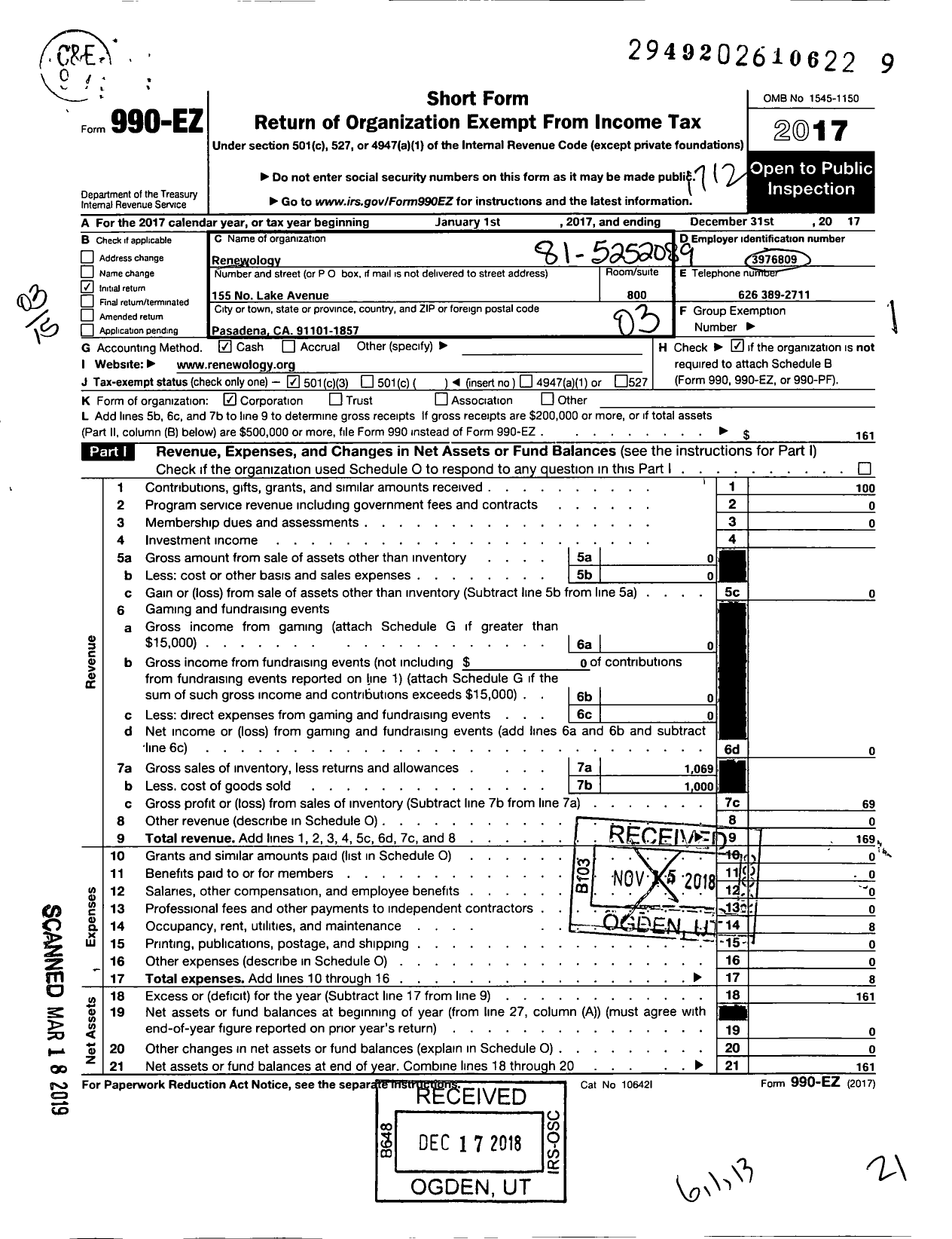 Image of first page of 2017 Form 990EZ for Renewology