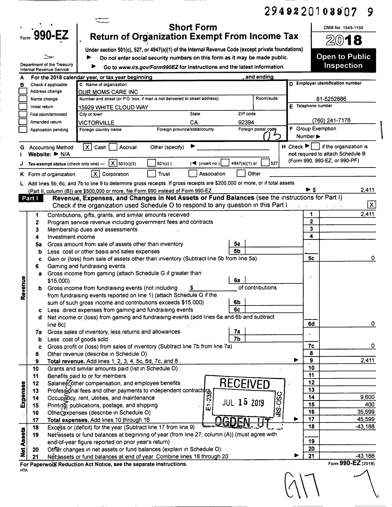 Image of first page of 2018 Form 990EZ for Our Moms Care