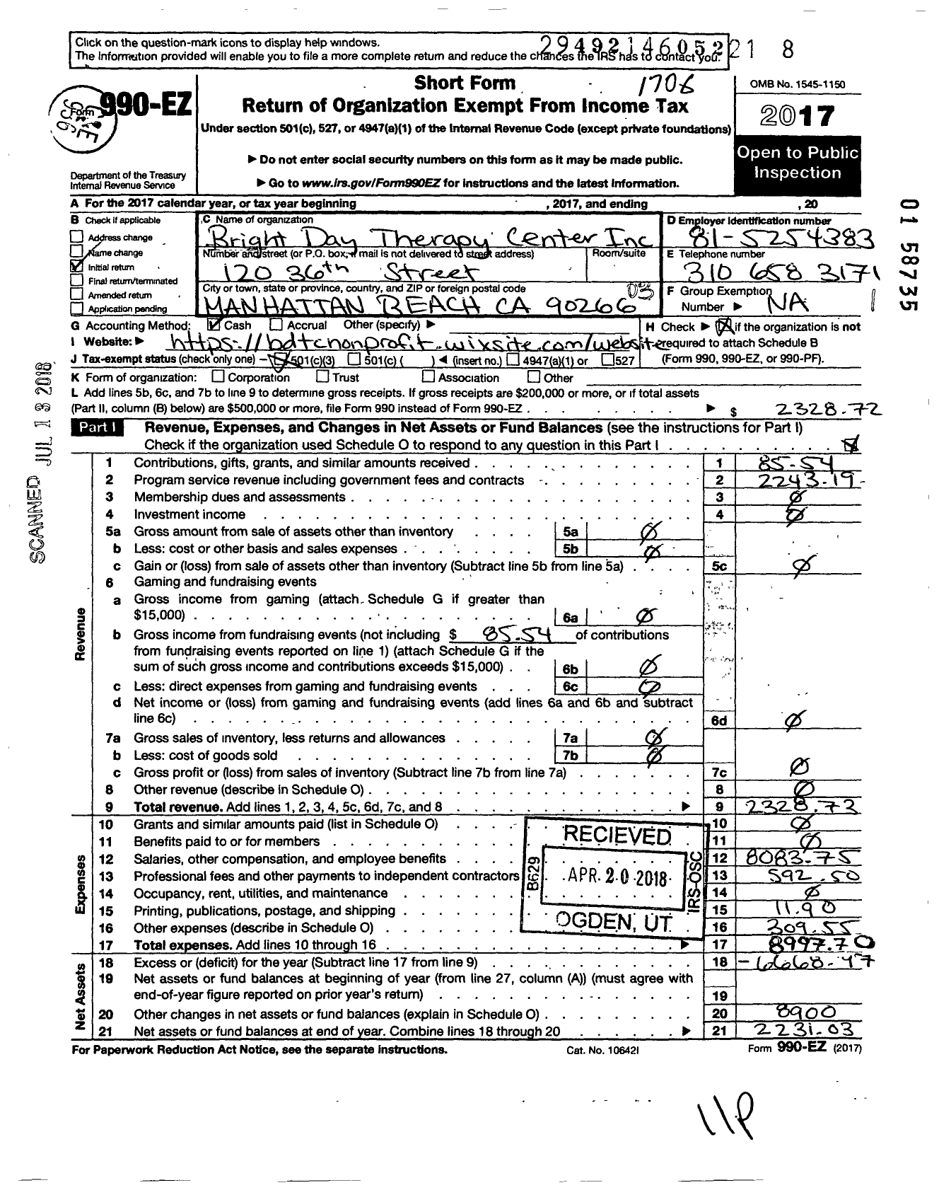 Image of first page of 2016 Form 990EZ for Bright Day Therapy Center