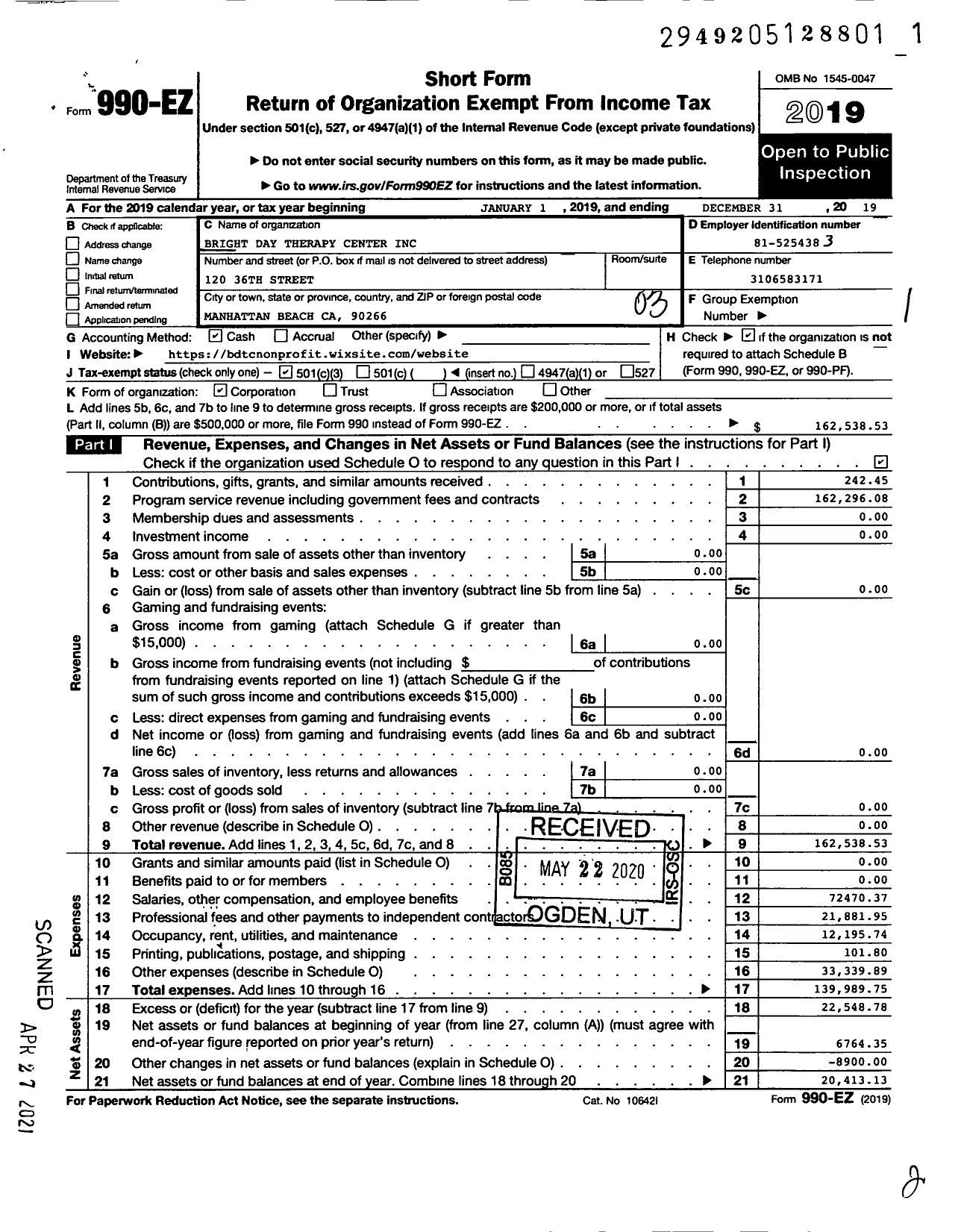 Image of first page of 2019 Form 990EZ for Bright Day Therapy Center