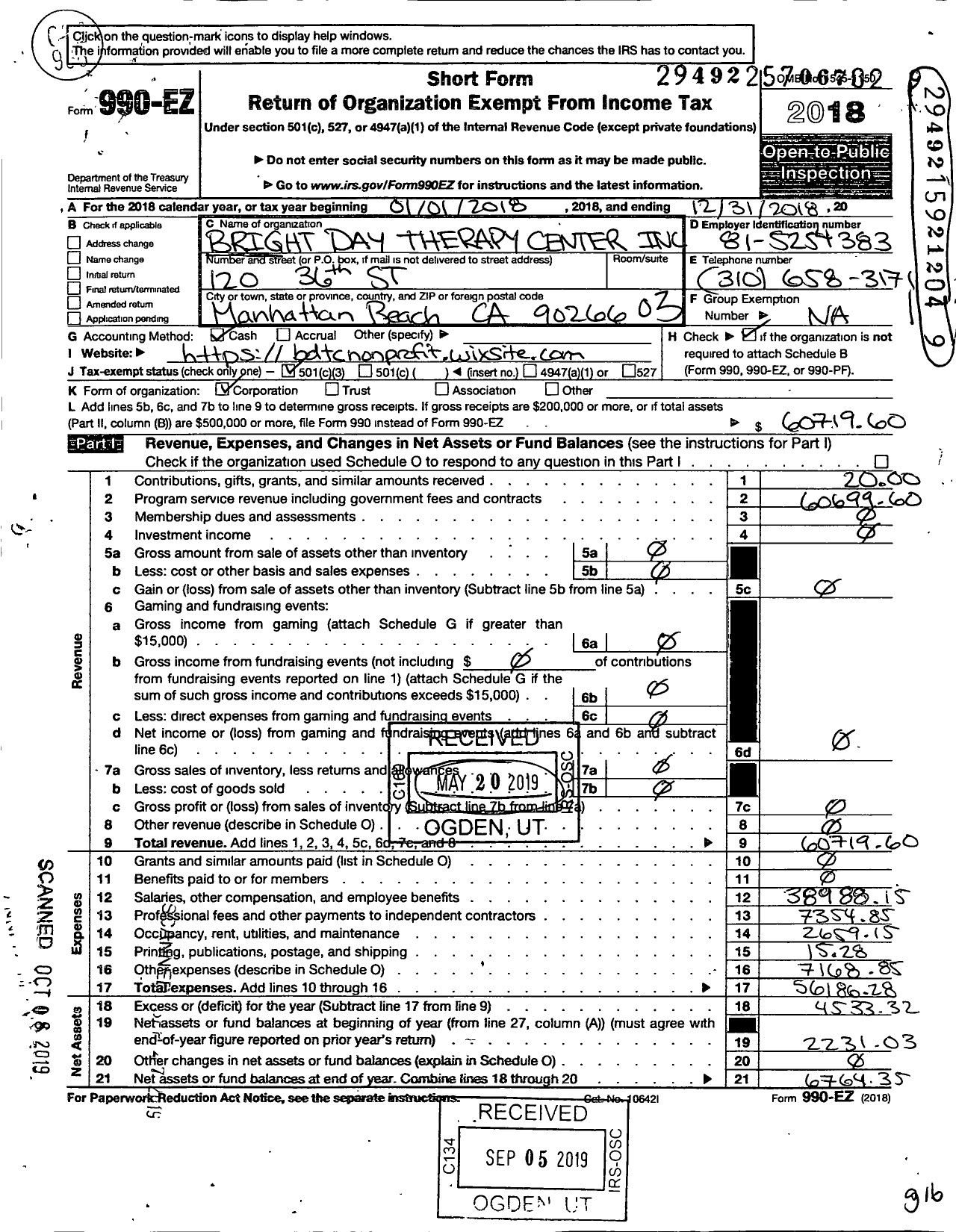 Image of first page of 2018 Form 990EZ for Bright Day Therapy Center