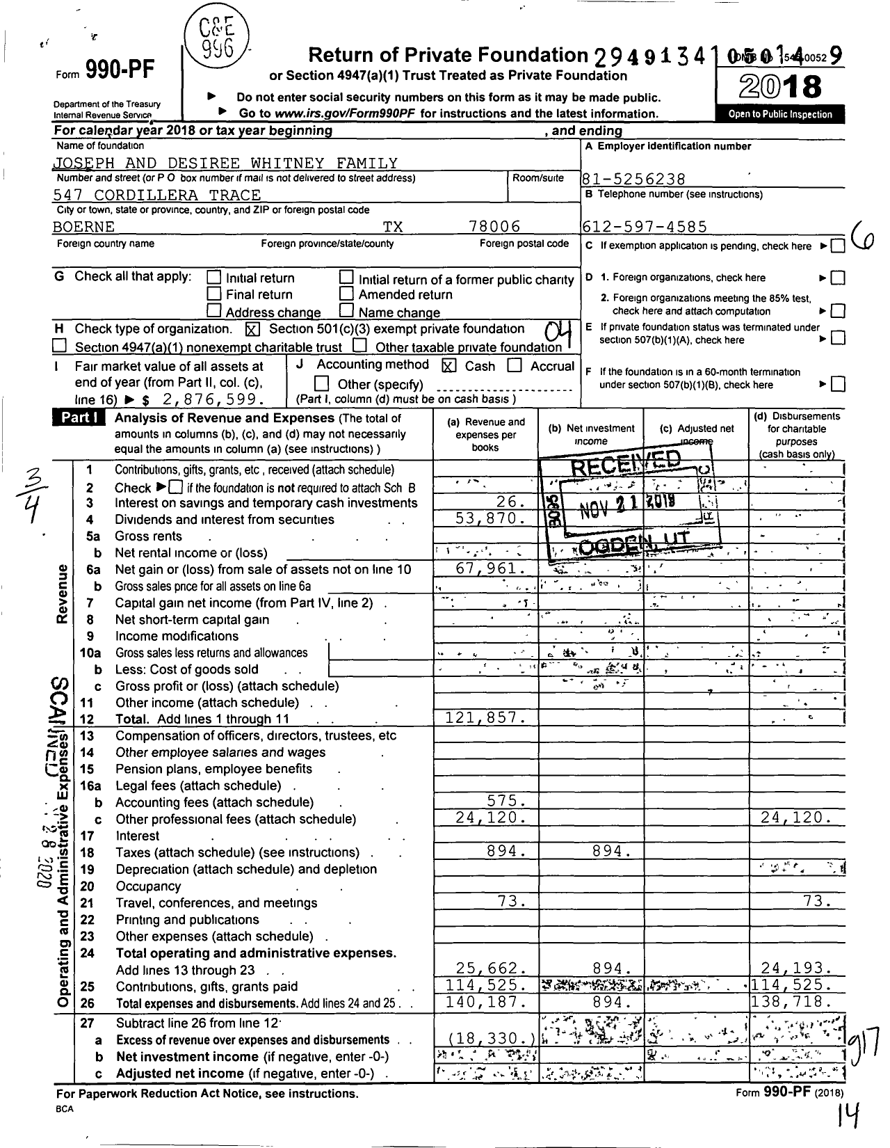 Image of first page of 2018 Form 990PF for Joseph and Desiree Whitney Family