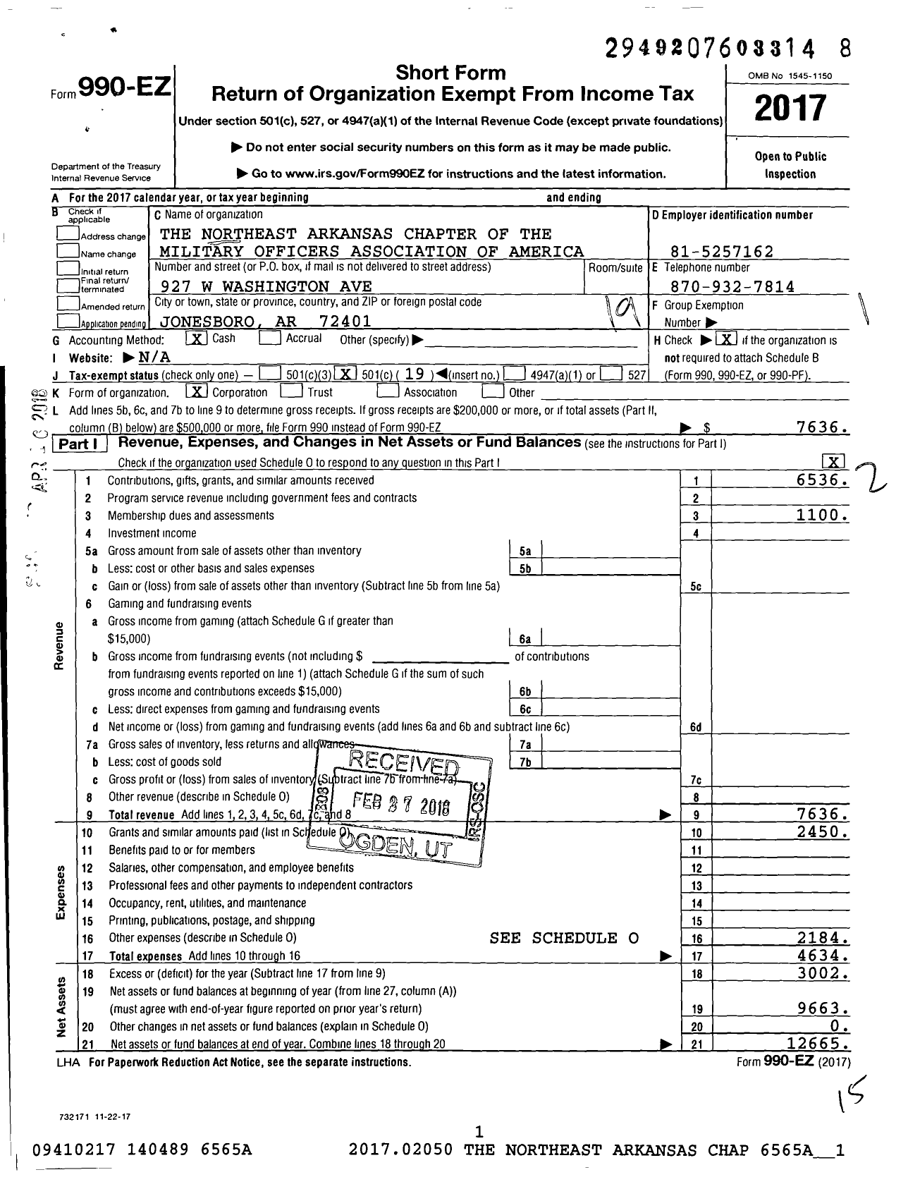 Image of first page of 2017 Form 990EO for The Northeast Arkansas Chapter of Military Officers Association of