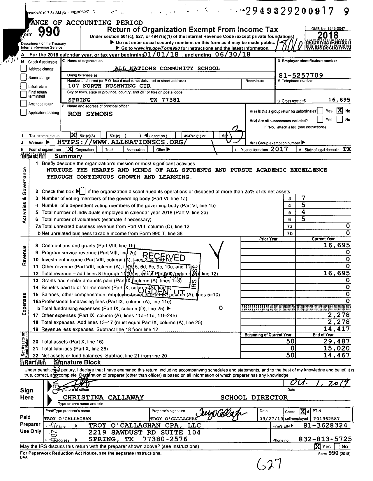 Image of first page of 2017 Form 990 for All Nations Community School