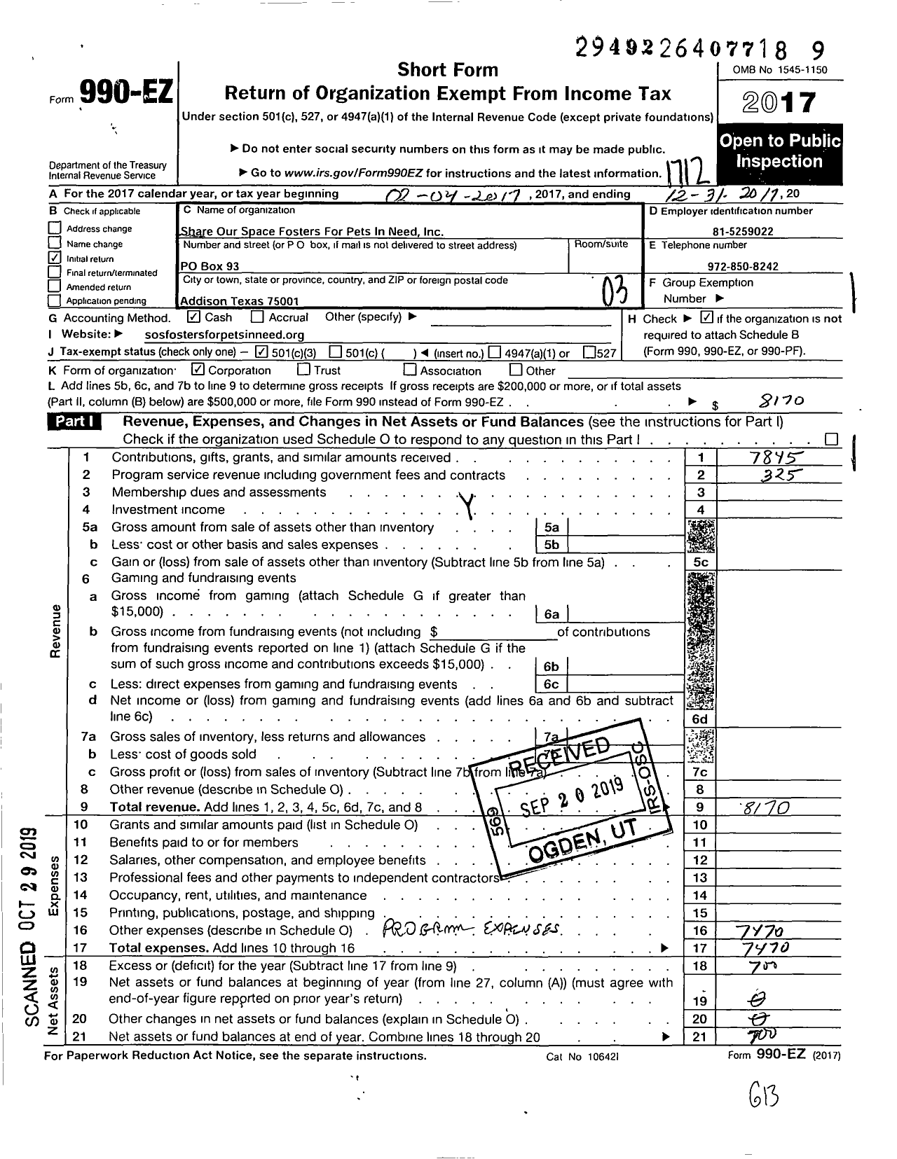 Image of first page of 2017 Form 990EZ for SHARE OUR SPACE FOSTERS FOR PETs IN NEED