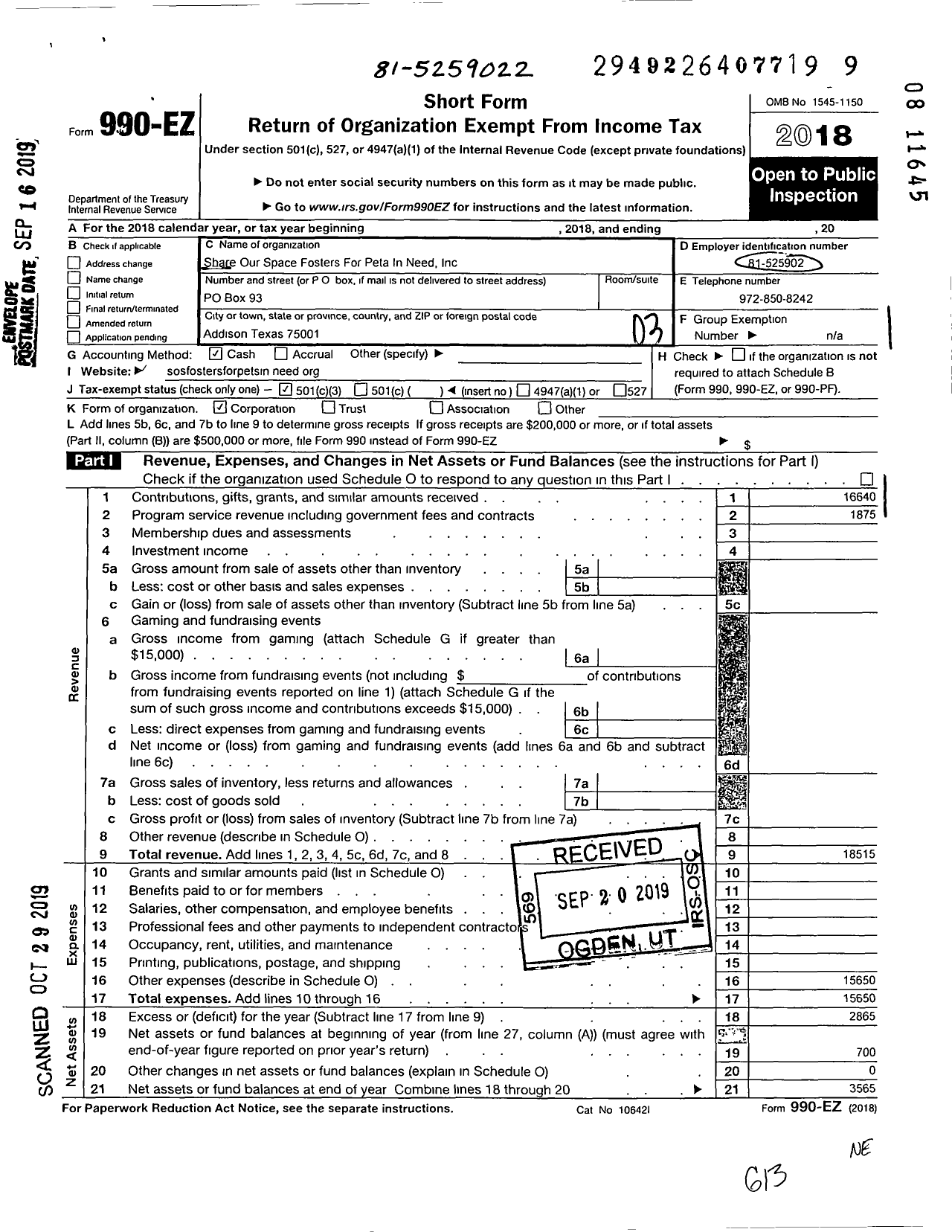 Image of first page of 2018 Form 990EZ for SHARE OUR SPACE FOSTERS FOR PETs IN NEED