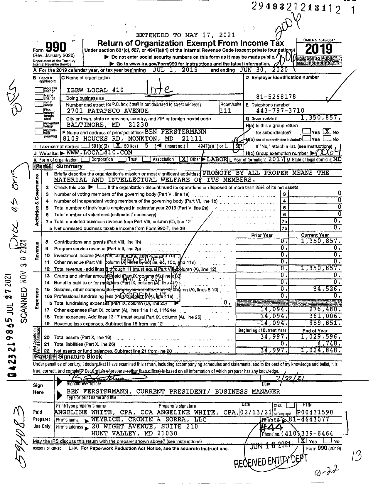 Image of first page of 2019 Form 990O for International Brotherhood of Electrical Workers - 410 Local Union