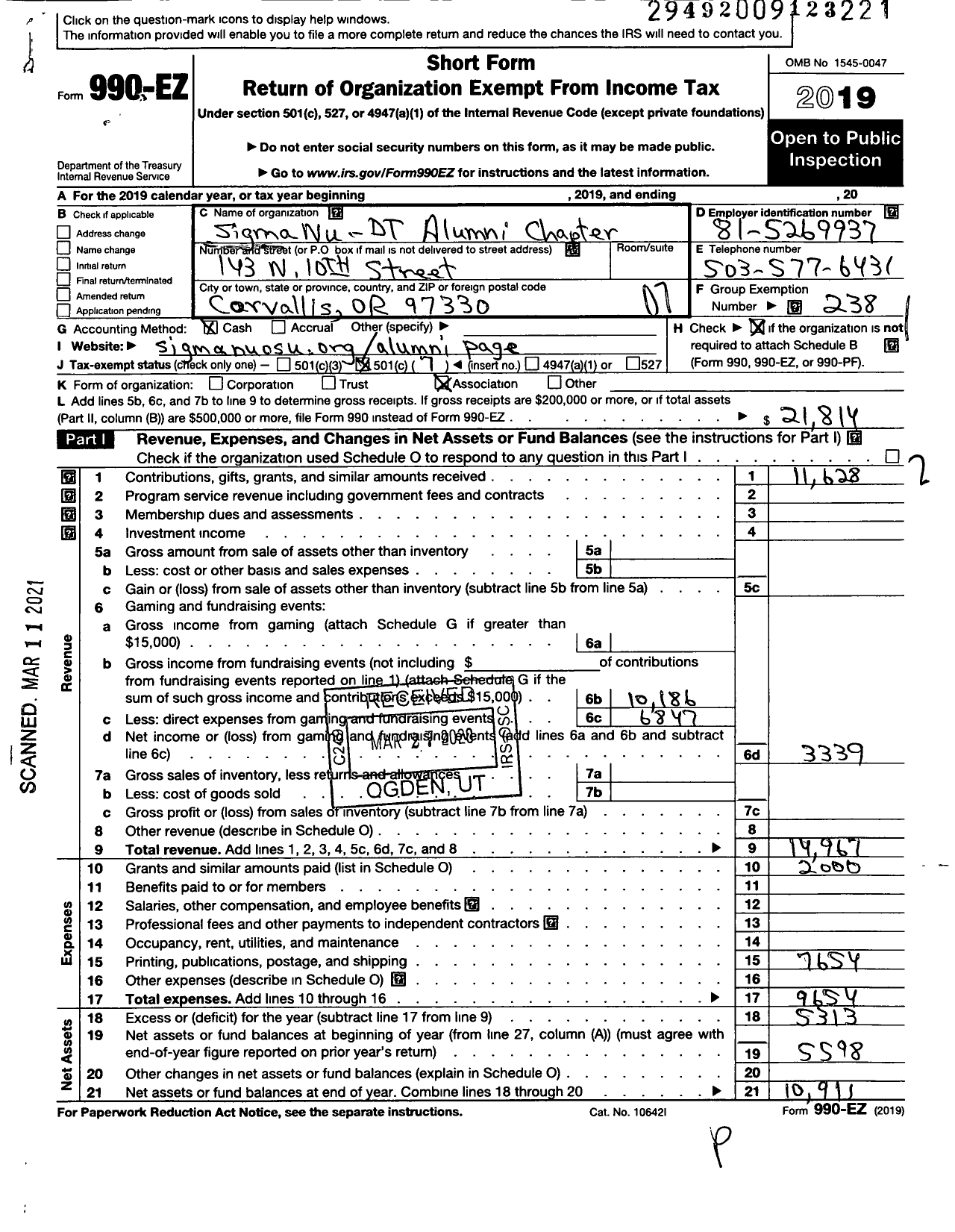 Image of first page of 2019 Form 990EO for Sigma Nu Fraternity - Delta Tau Alumni