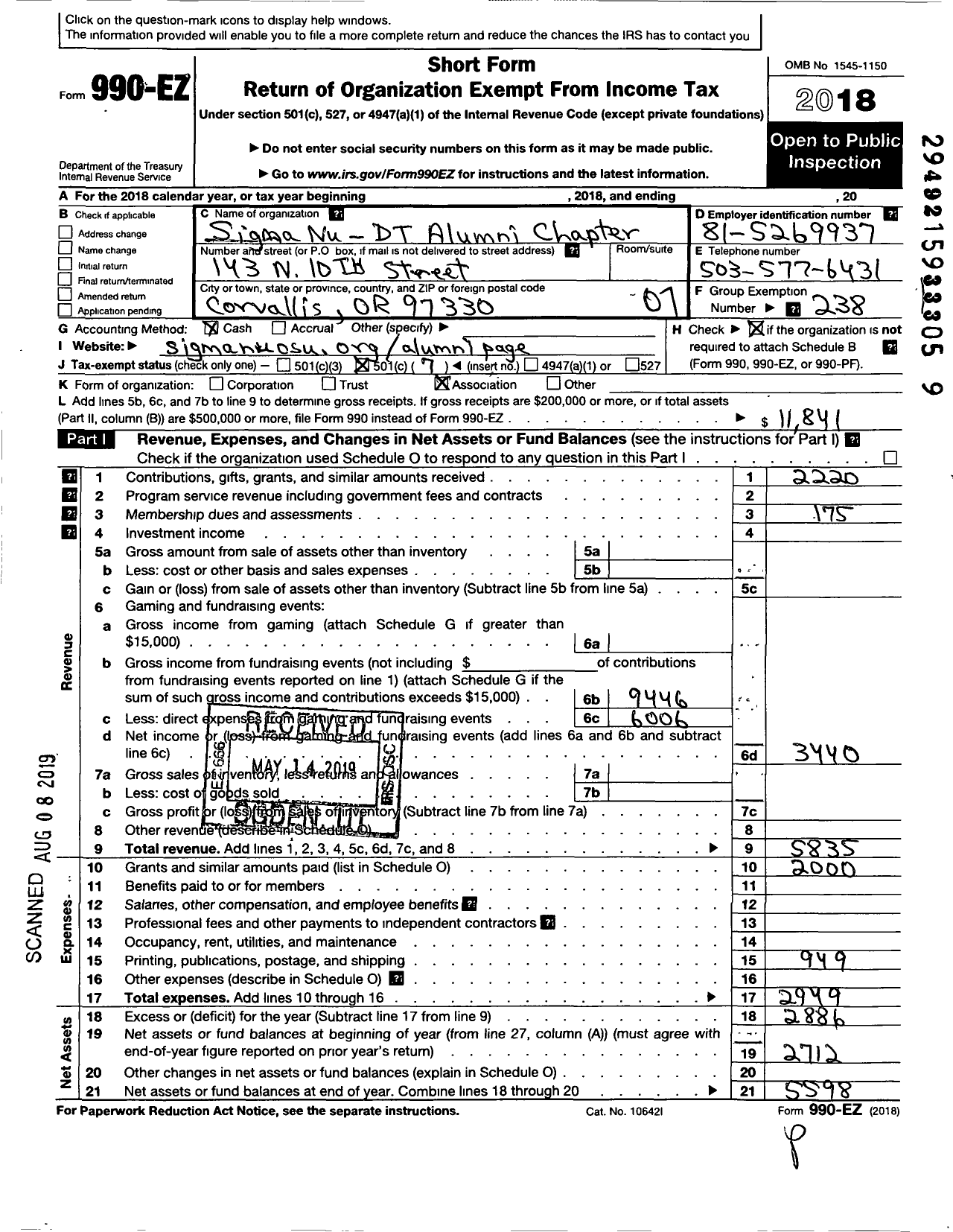 Image of first page of 2018 Form 990EO for Sigma Nu Fraternity - Delta Tau Alumni