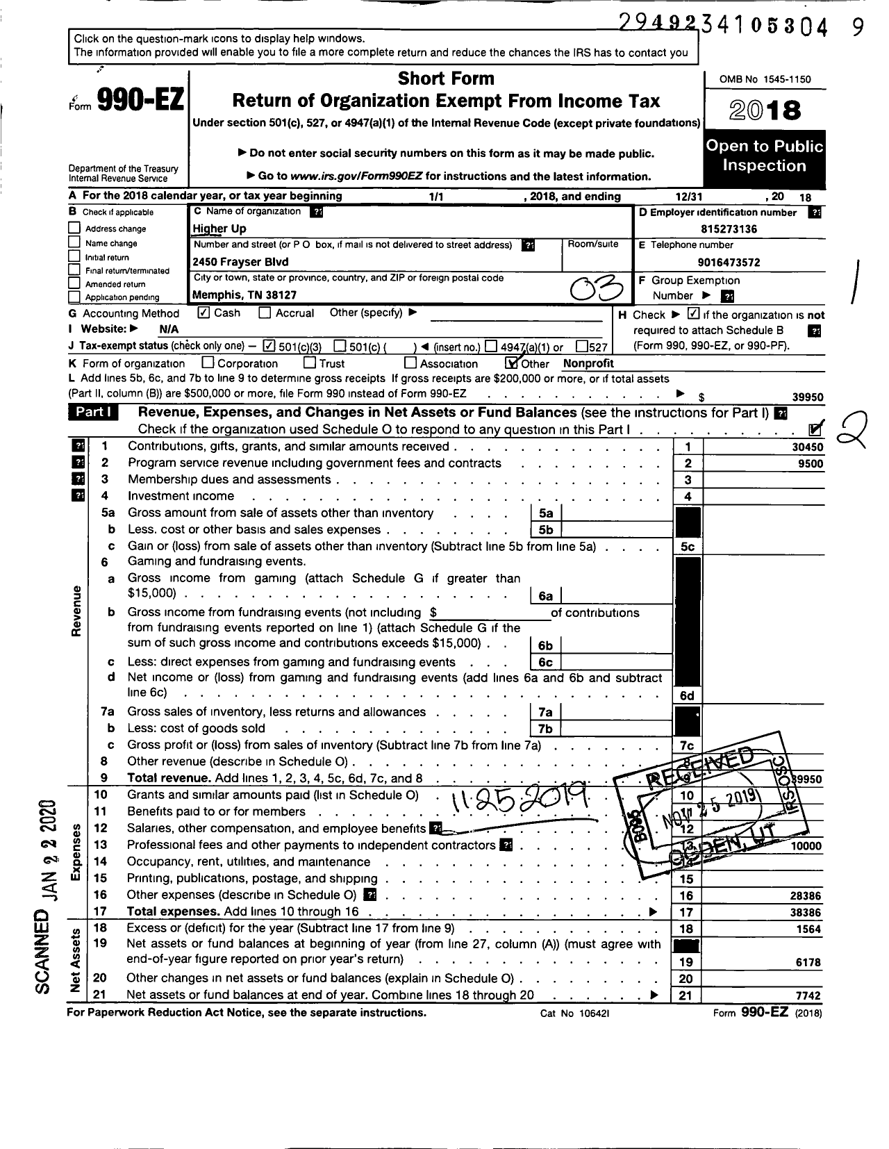 Image of first page of 2018 Form 990EZ for HigherUp