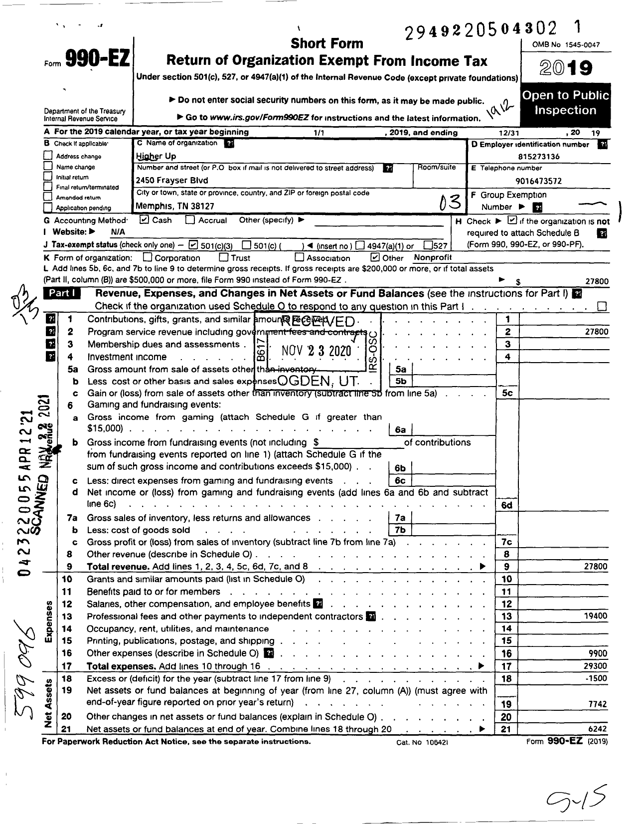 Image of first page of 2019 Form 990EZ for HigherUp