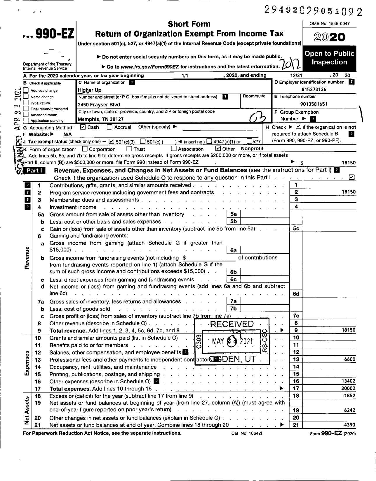 Image of first page of 2020 Form 990EZ for HigherUp