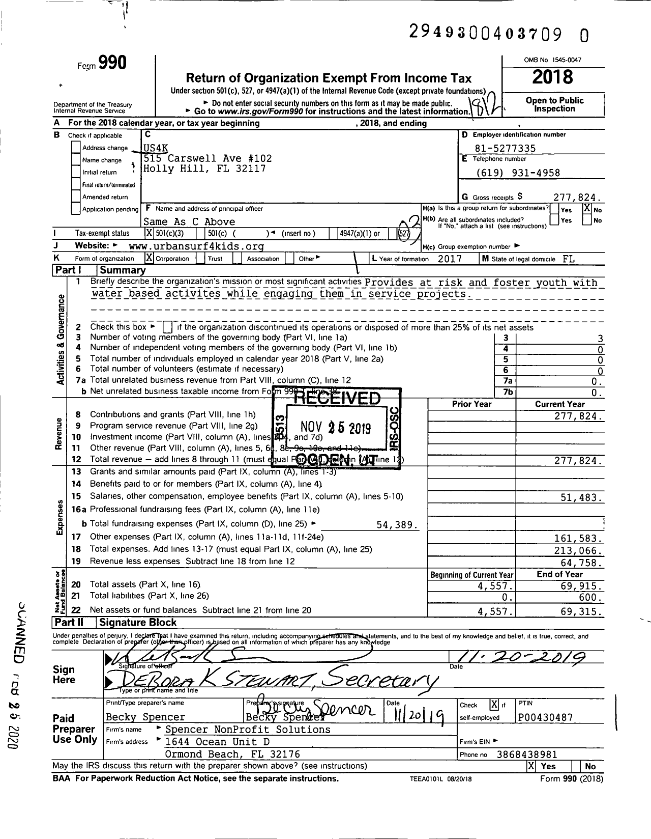 Image of first page of 2018 Form 990 for Us4k