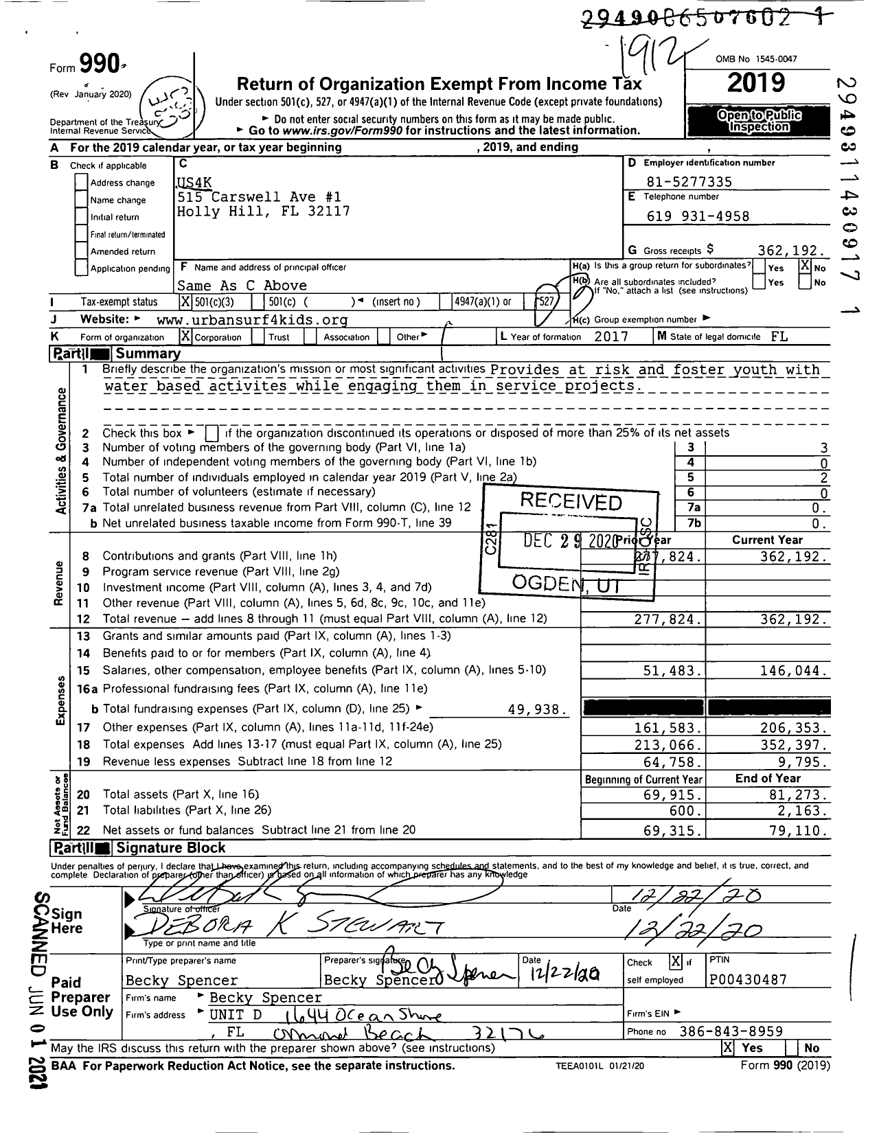 Image of first page of 2019 Form 990 for Us4k