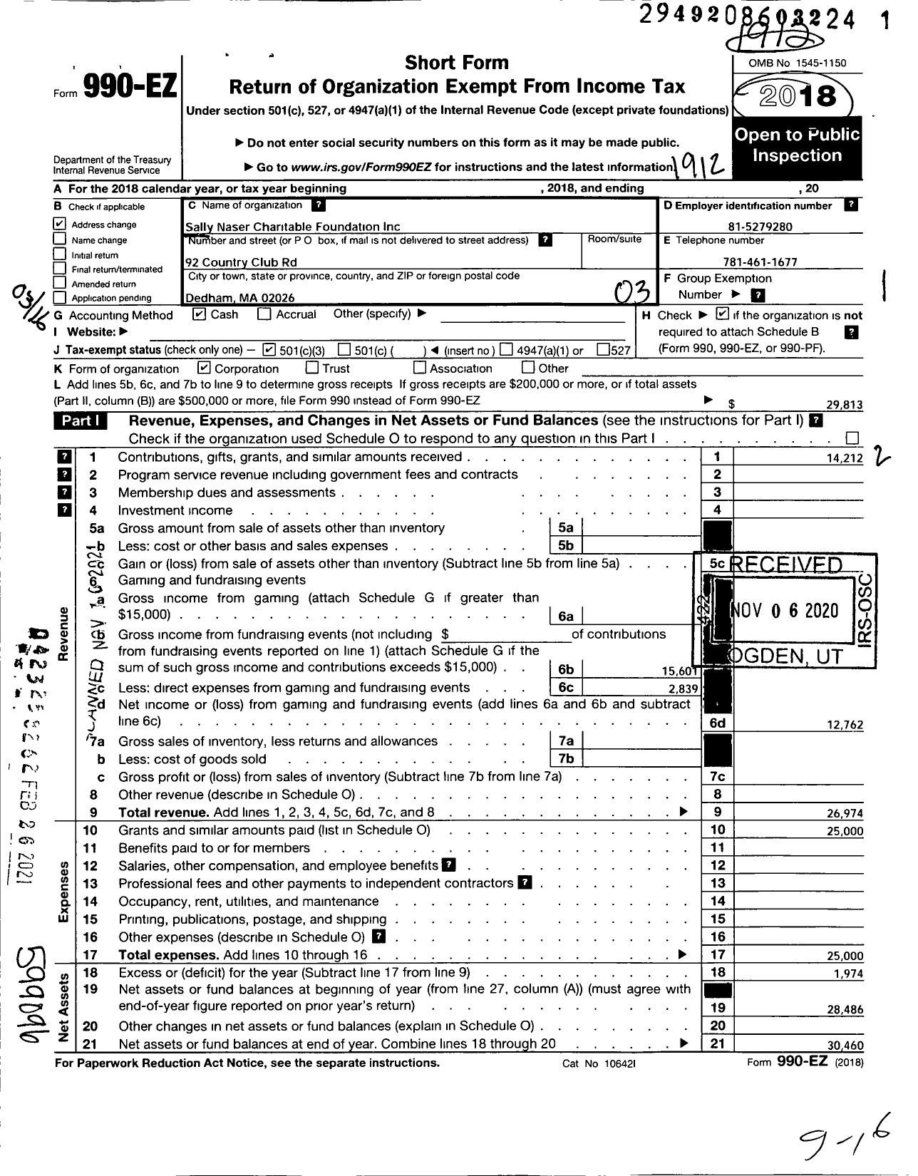 Image of first page of 2019 Form 990EZ for Sally Naser Charitable Foundation