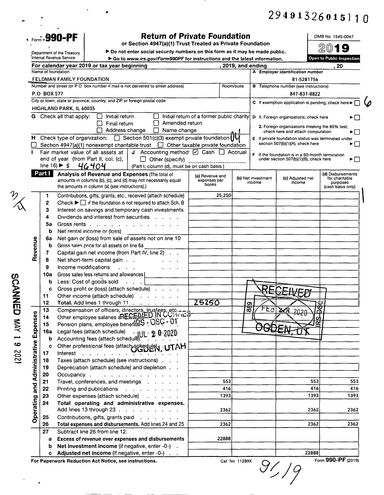 Image of first page of 2019 Form 990PF for Feldman Family Foundation