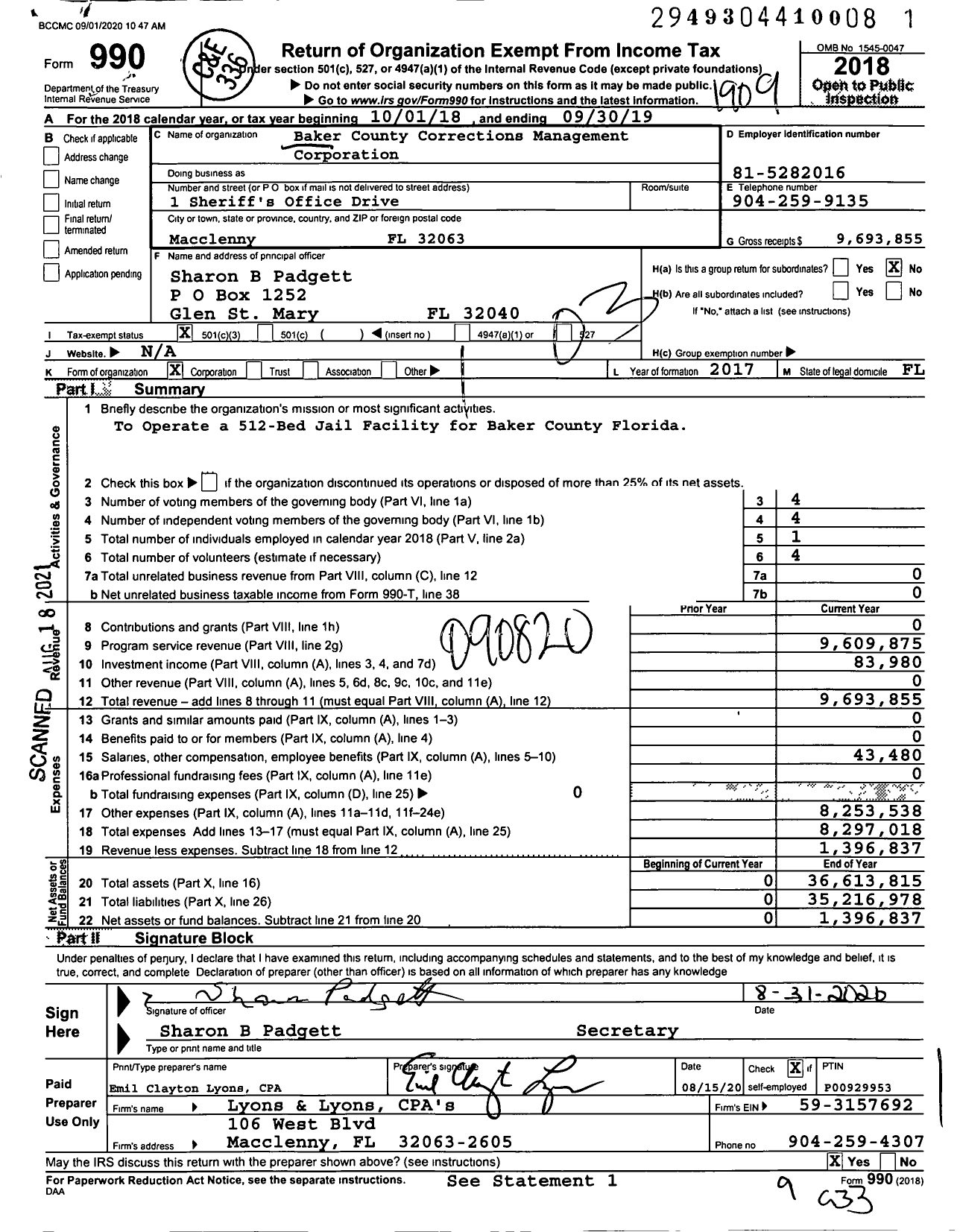 Image of first page of 2018 Form 990 for Baker County Corrections Management Corporation