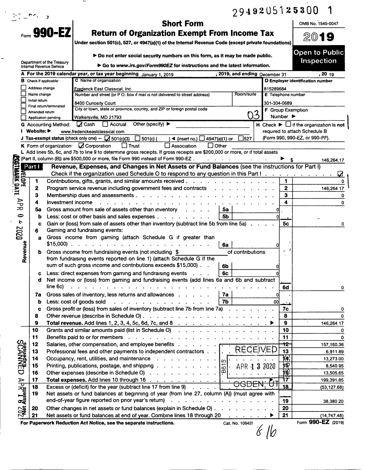 Image of first page of 2019 Form 990EZ for Frederick East Classical