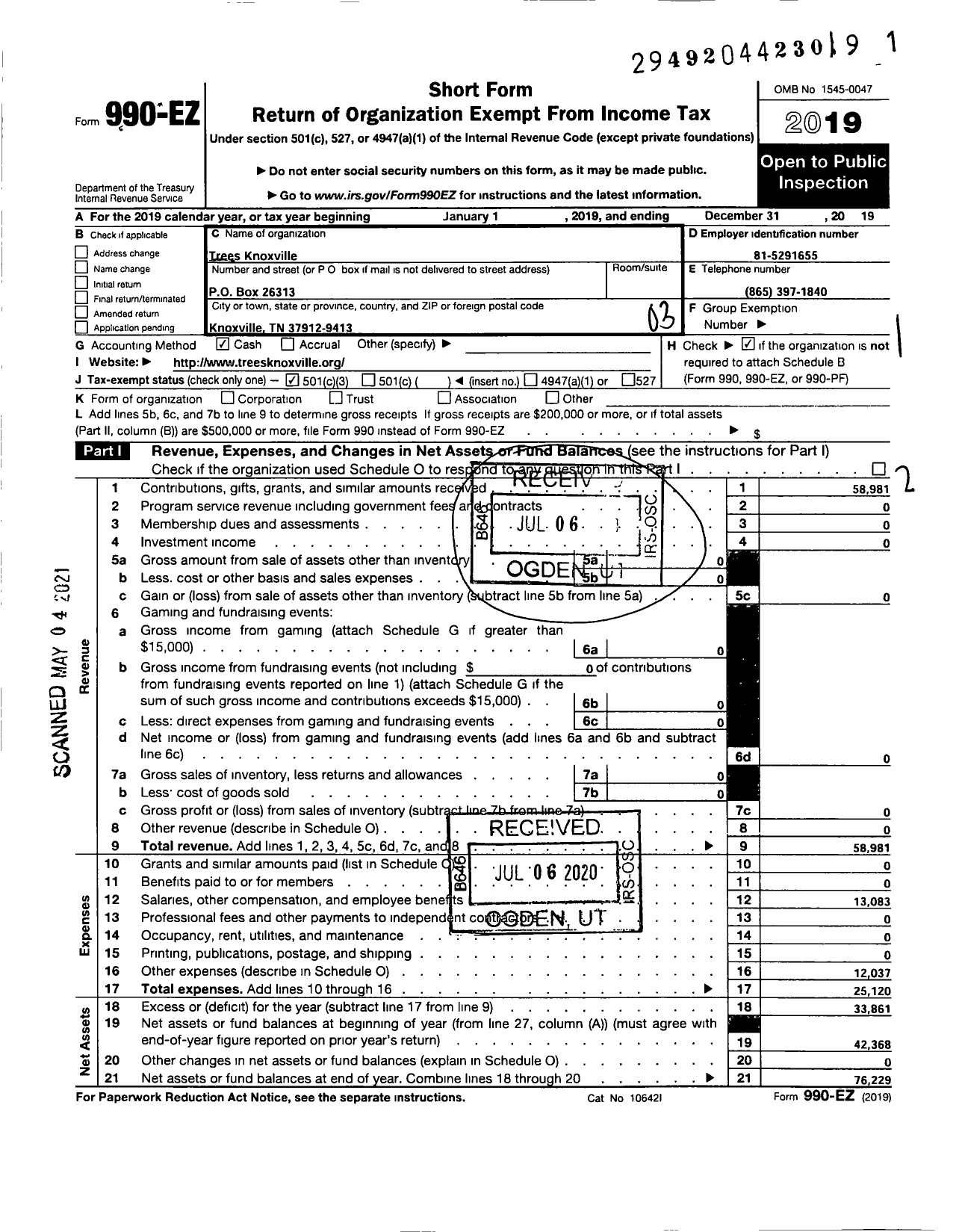 Image of first page of 2019 Form 990EZ for Trees Knoxville