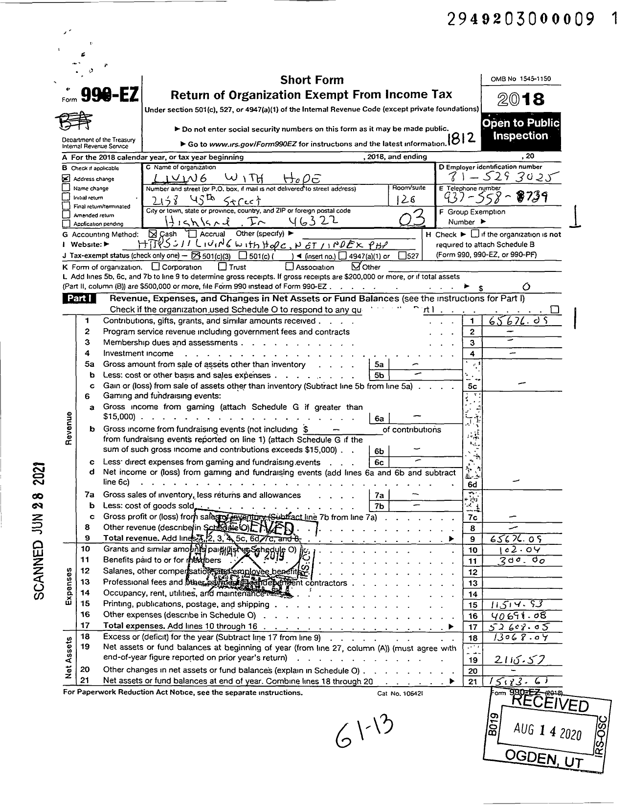 Image of first page of 2018 Form 990EZ for Living with Hope