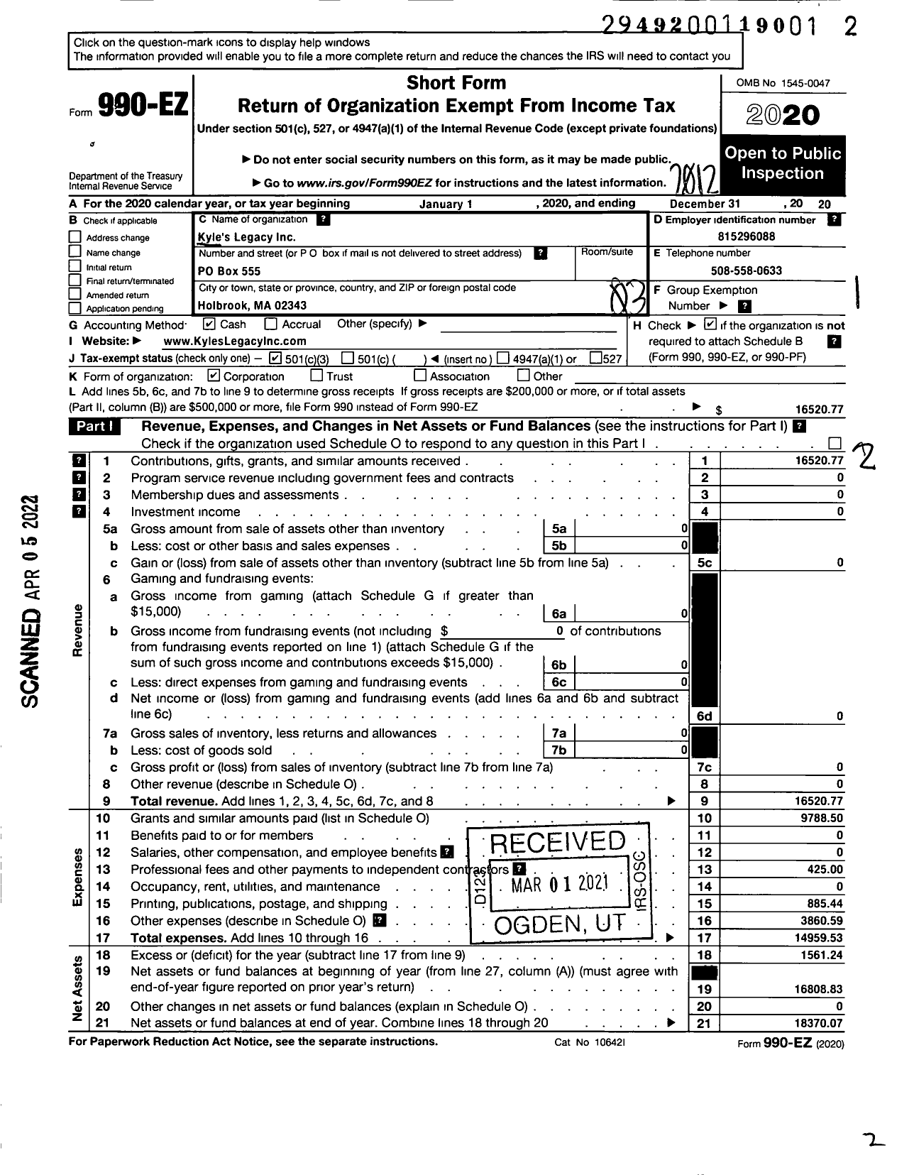 Image of first page of 2020 Form 990EZ for Kyle S Legacy