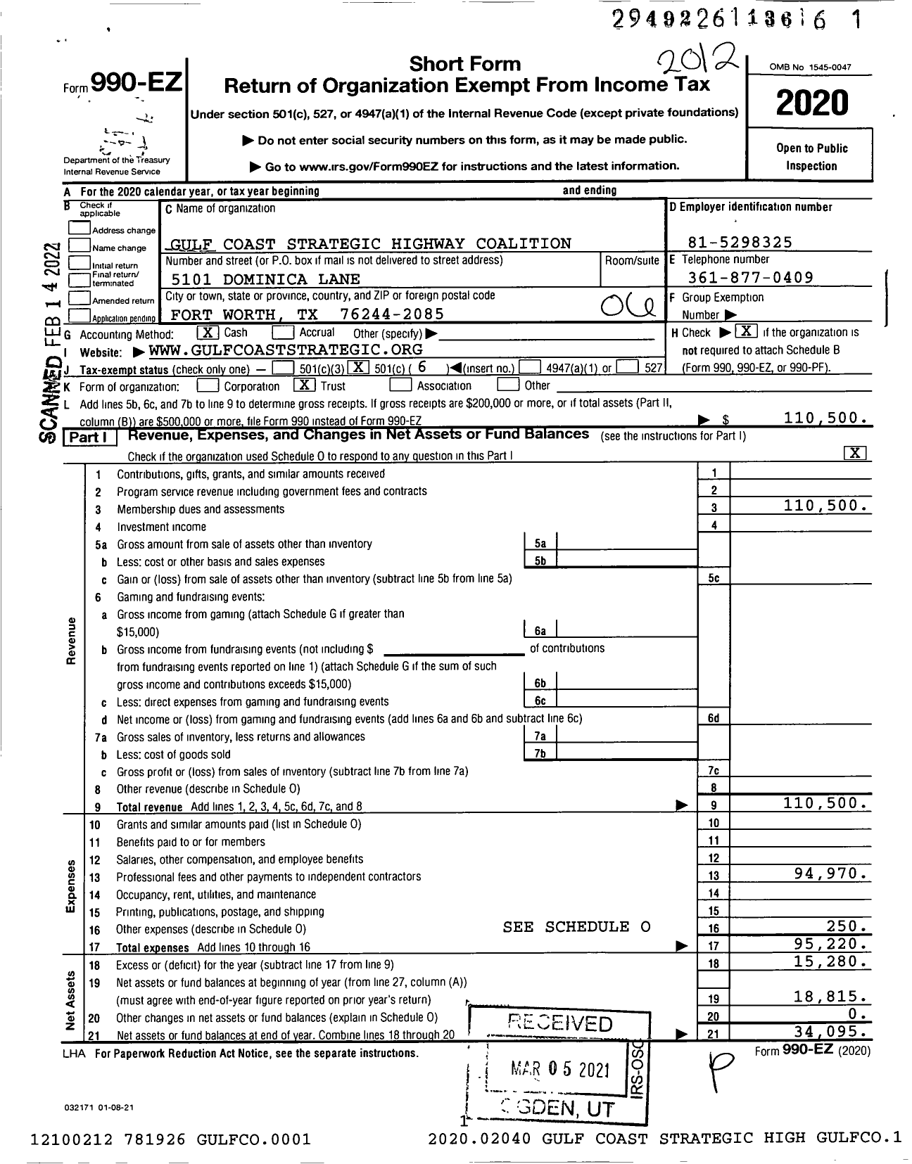 Image of first page of 2020 Form 990EO for Gulf Coast Strategic Highway Coalition