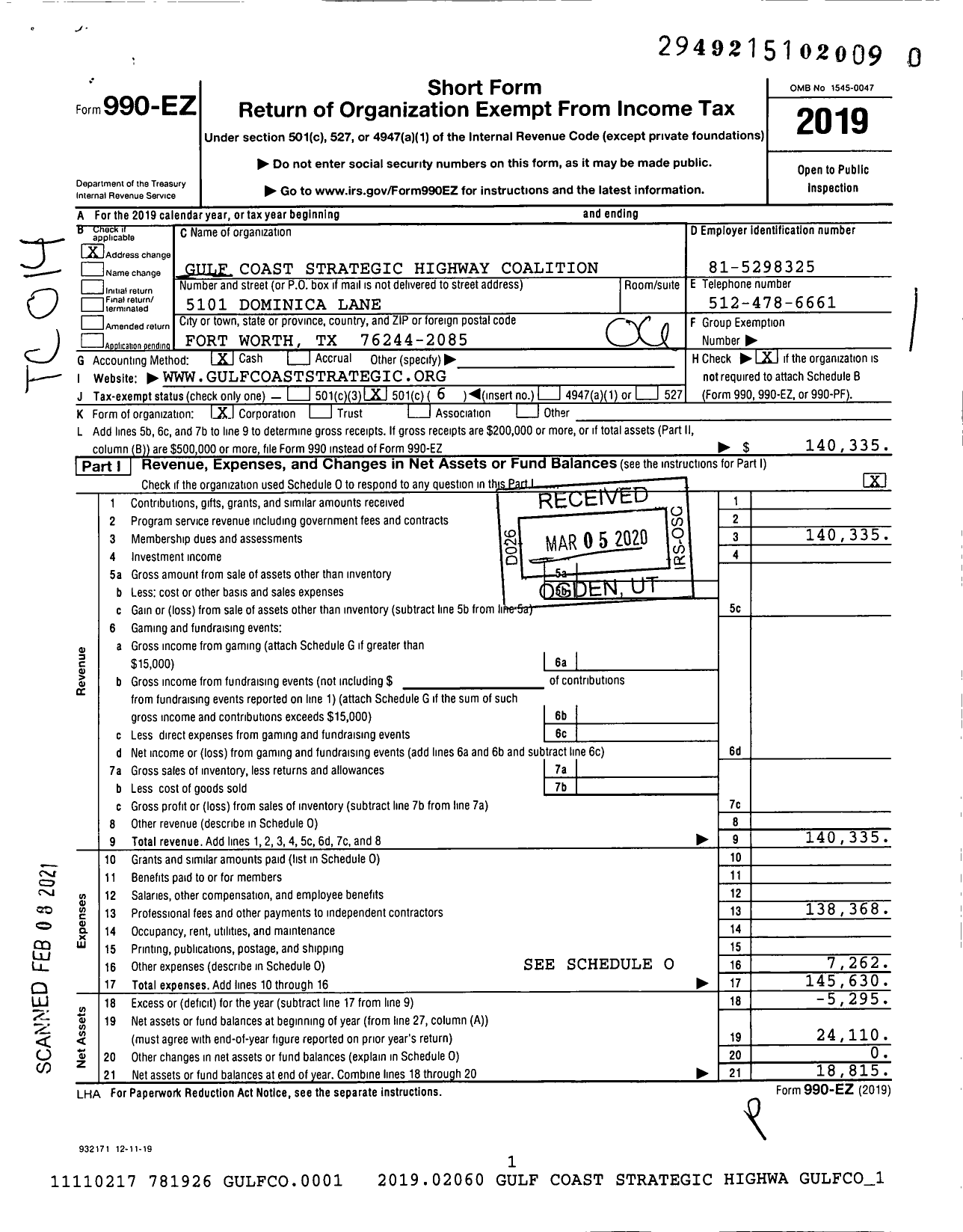 Image of first page of 2019 Form 990EO for Gulf Coast Strategic Highway Coalition