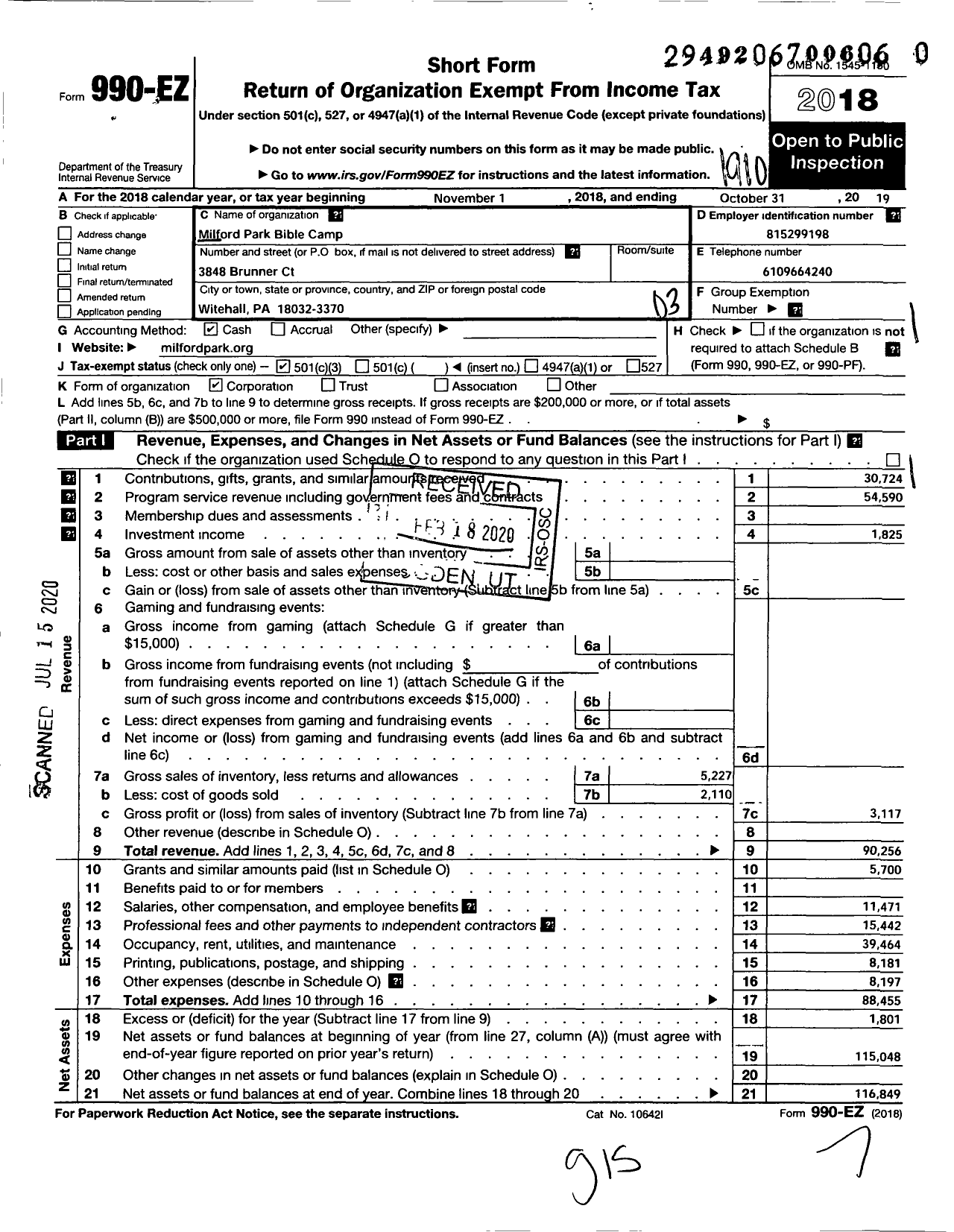 Image of first page of 2018 Form 990EZ for Milford Park Bible Camp