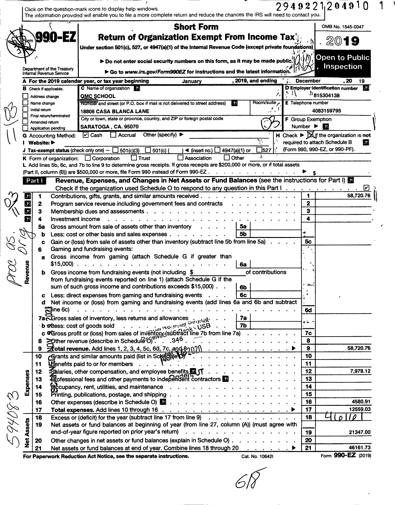 Image of first page of 2019 Form 990EZ for QMC School