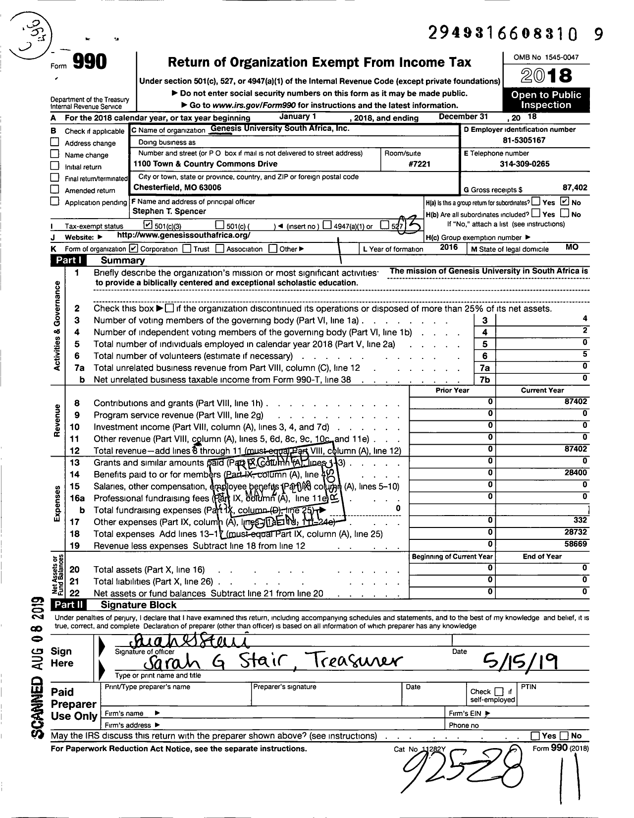 Image of first page of 2018 Form 990 for Genesis University South Africa