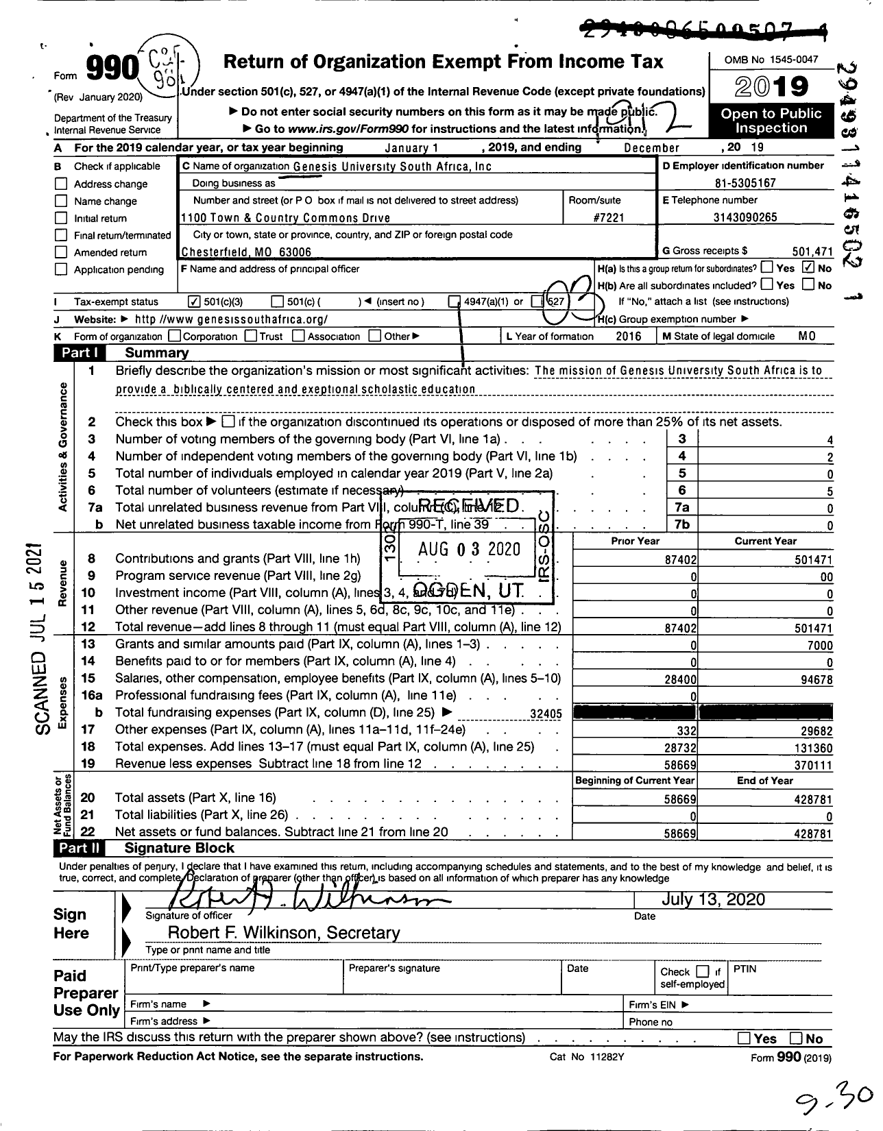 Image of first page of 2019 Form 990 for Genesis University South Africa