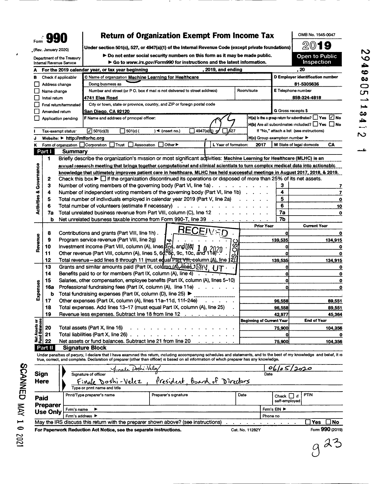 Image of first page of 2019 Form 990 for Machine Learning for Healthcare