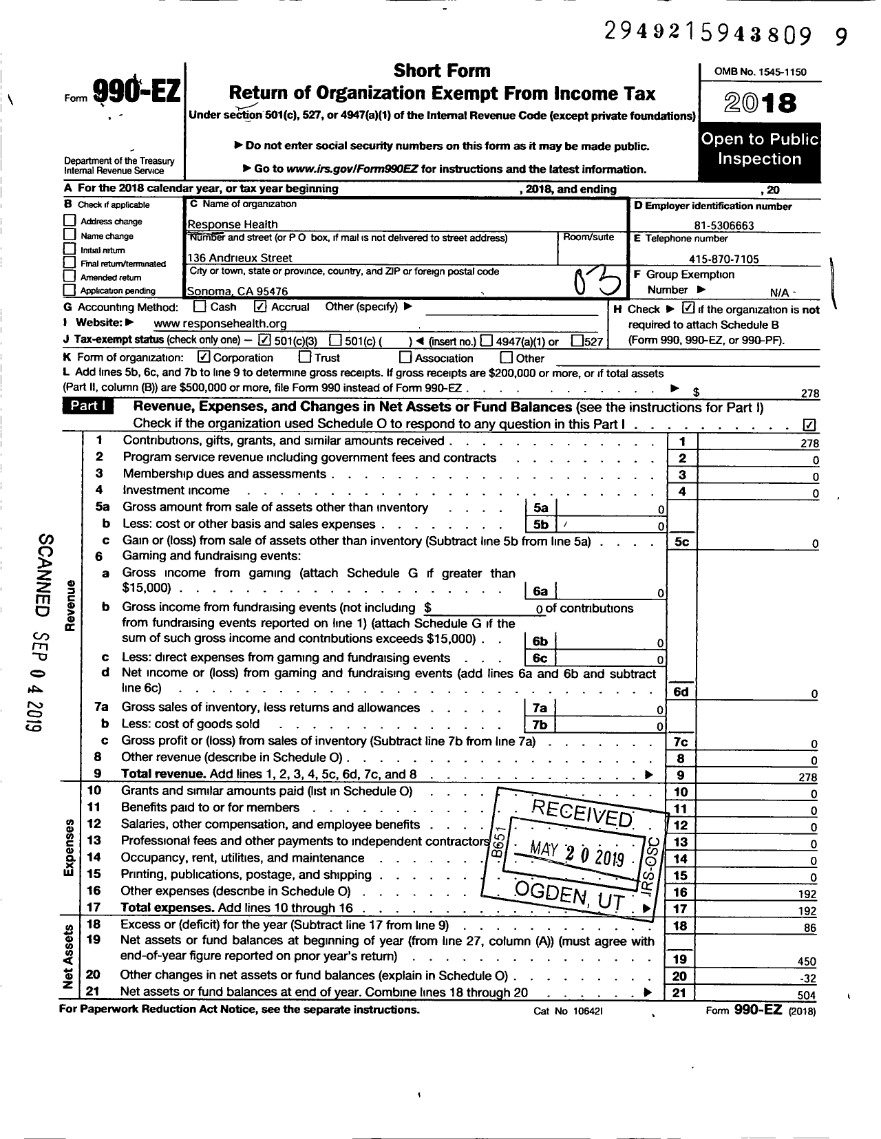 Image of first page of 2018 Form 990EZ for Response Health