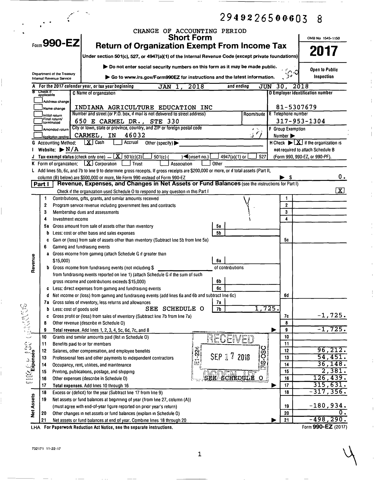 Image of first page of 2017 Form 990EZ for Indiana Agriculture Education