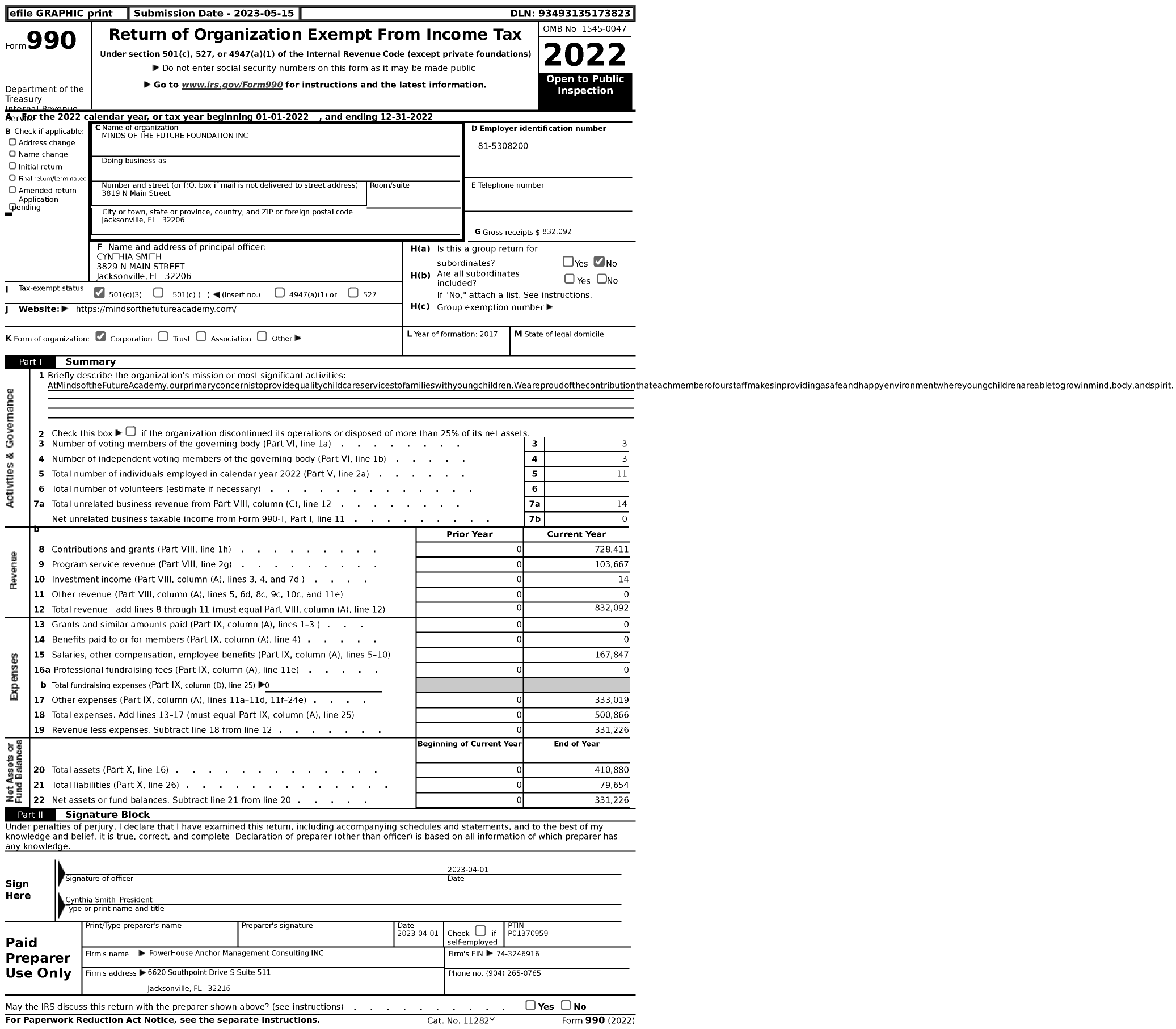 Image of first page of 2022 Form 990 for Minds of the Future Foundation