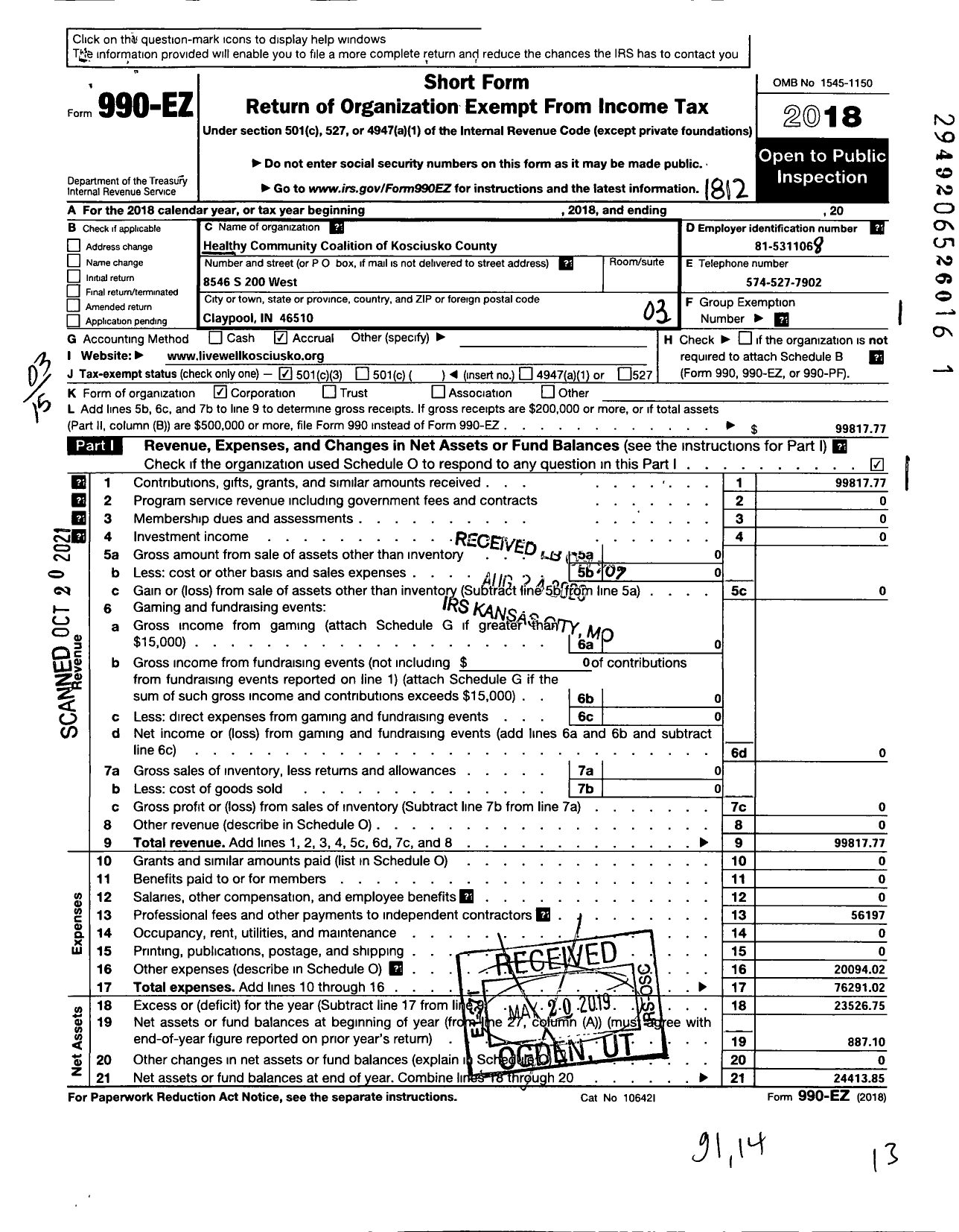 Image of first page of 2018 Form 990EZ for Live Well Kosciusko