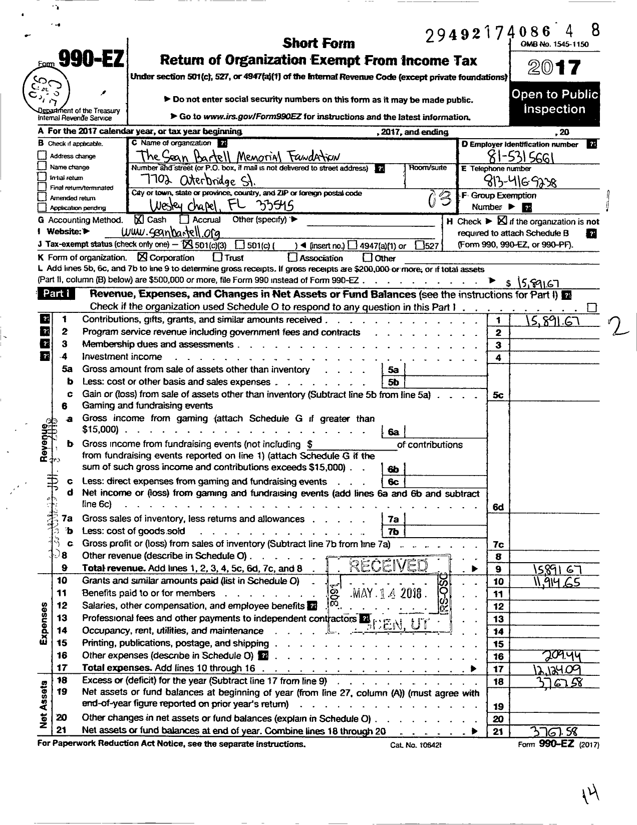 Image of first page of 2017 Form 990EZ for Sean Bartell Memorial Foundation